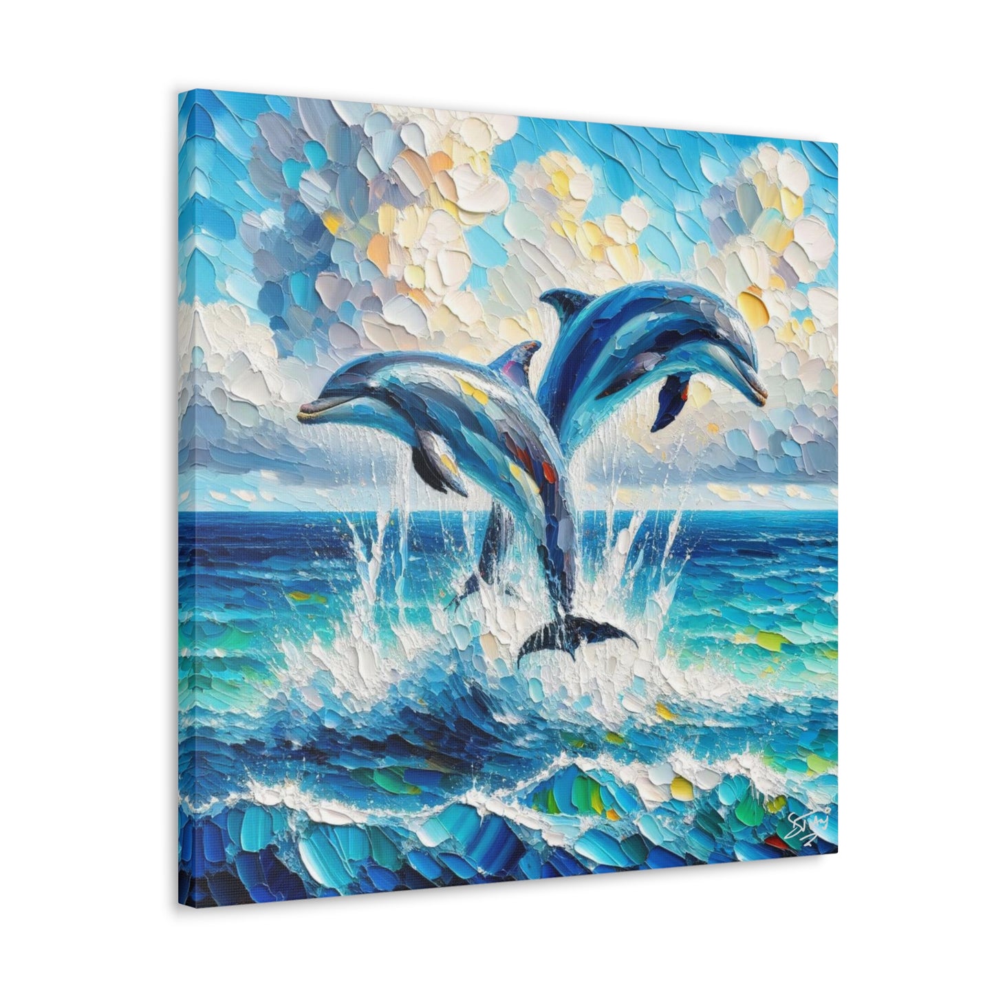 Art Print, Two Dolphins, Oil Finish, Caribbean Nature, Canvas Gallery Wrap