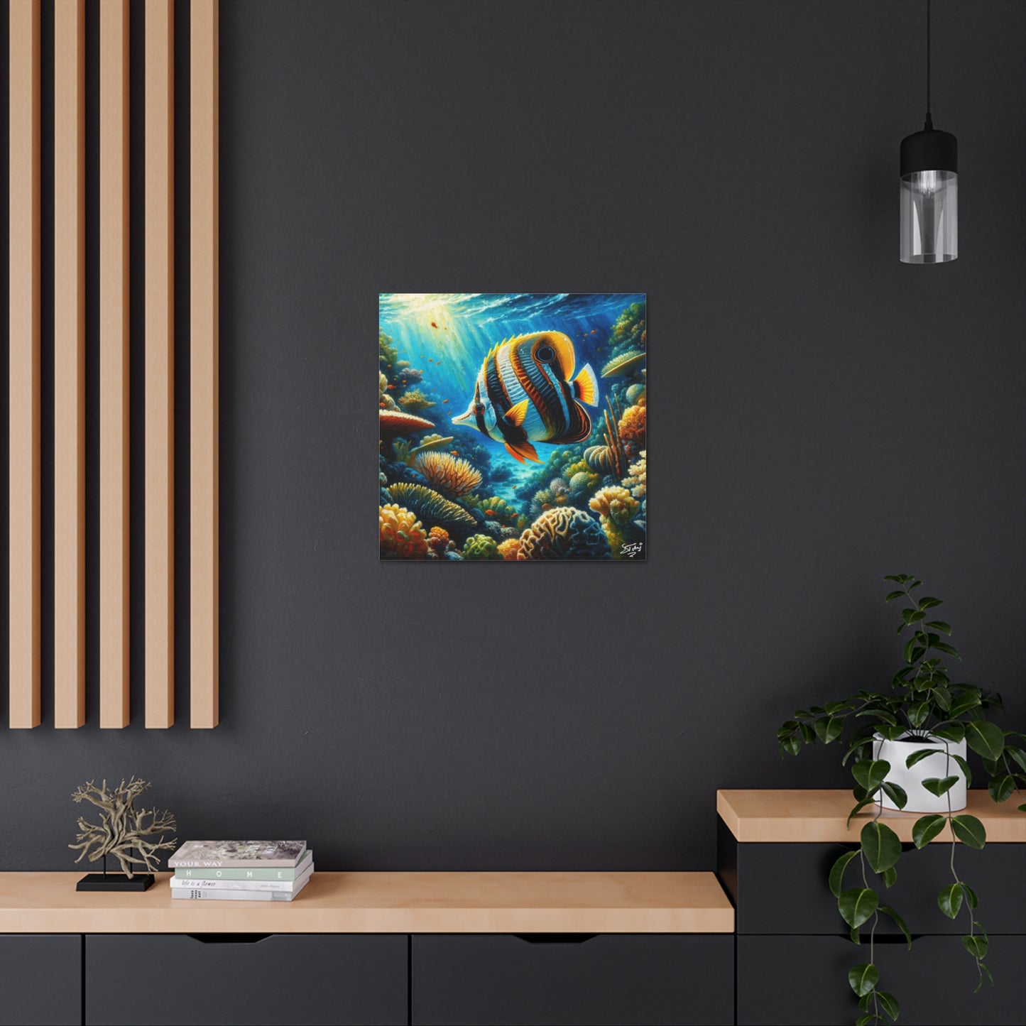 Art Print, Banded Butterflyfish in Coral Reef, Oil Finish, Caribbean Nature, Semi-Abstract, Canvas Gallery Wrap