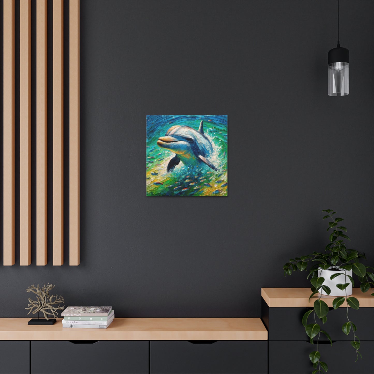 Art Print, Dolphin in the Caribbean Sea, Oil Finish, Caribbean Nature, Canvas Gallery Wrap