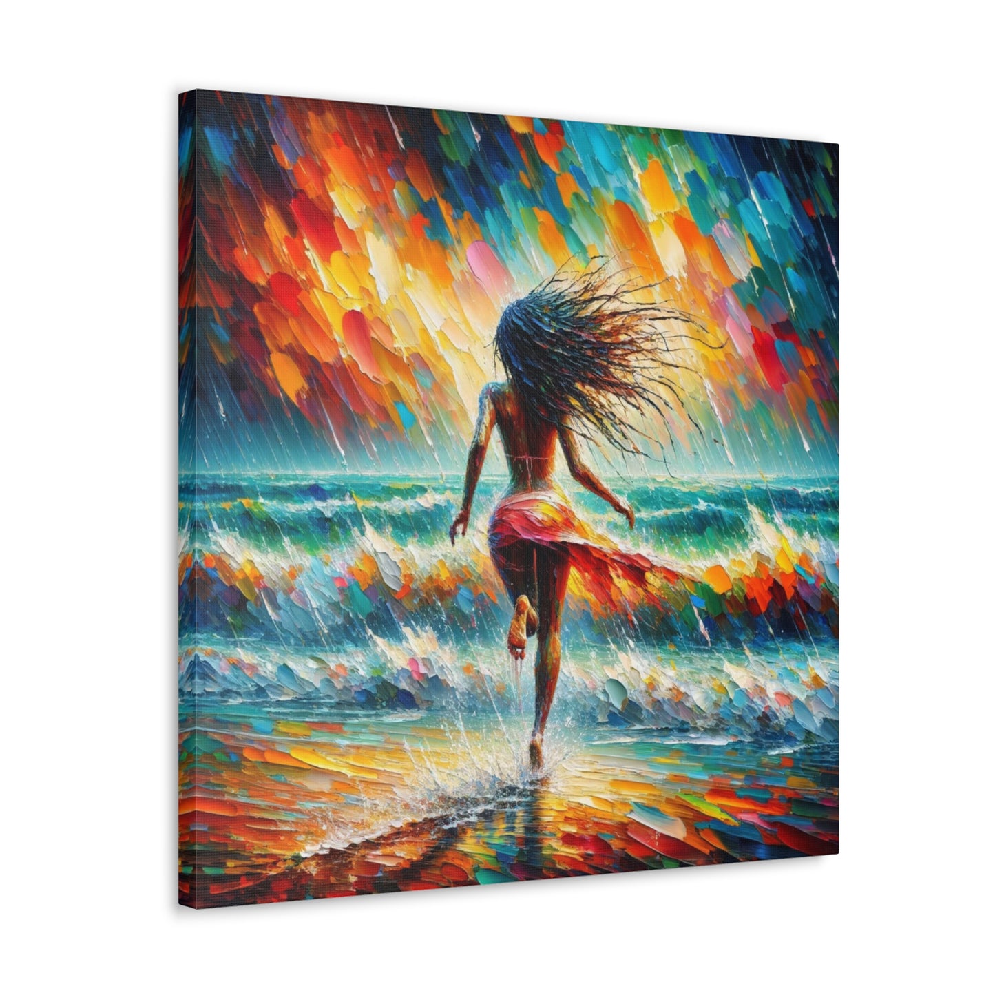 Art Print#6, East Indian Woman from Trinidad running into the Atlantic Ocean, Caribbean, Oil Finish, West Indian Art, Canvas Gallery Wraps