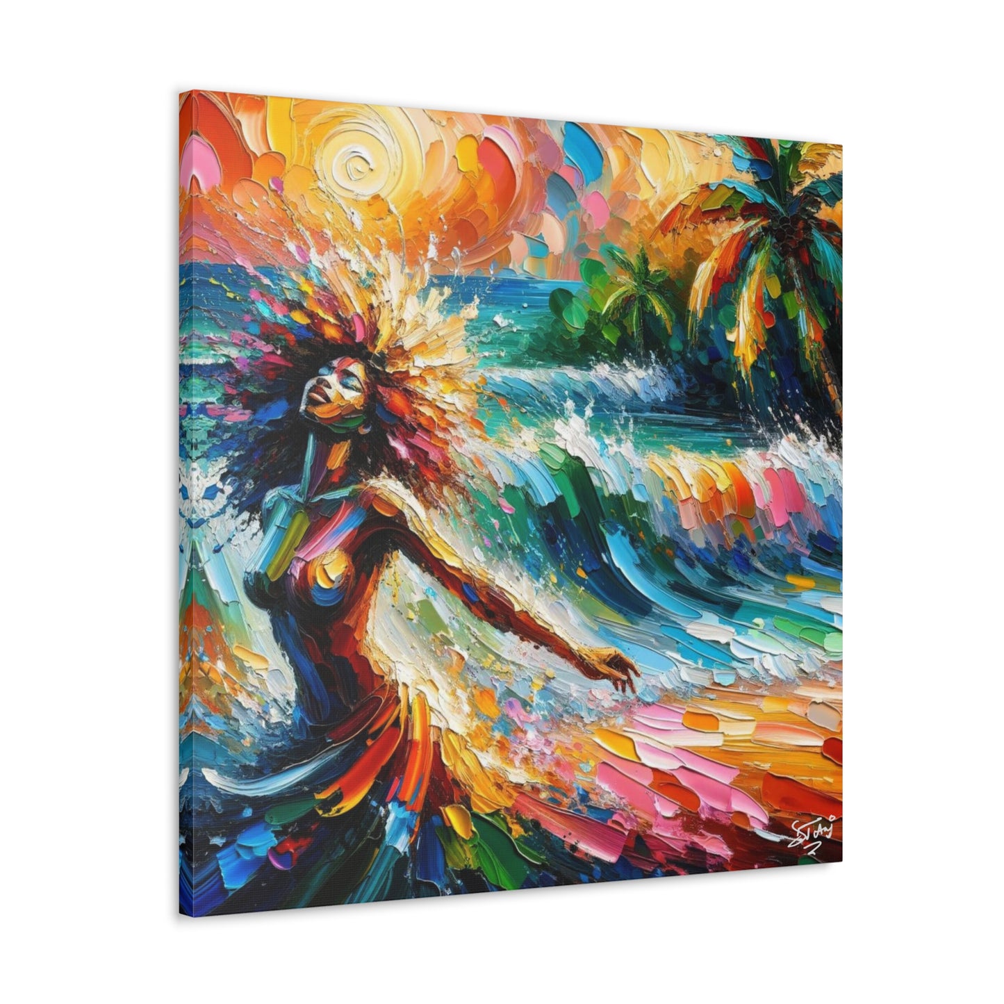 Art Print, Afro-Caribbean Woman, "Enjoying the Sunset" Abstract, Oil Finish, West Indian Ethnicity, Cultural, Heritage, Abstract, Canvas Gallery Wrap