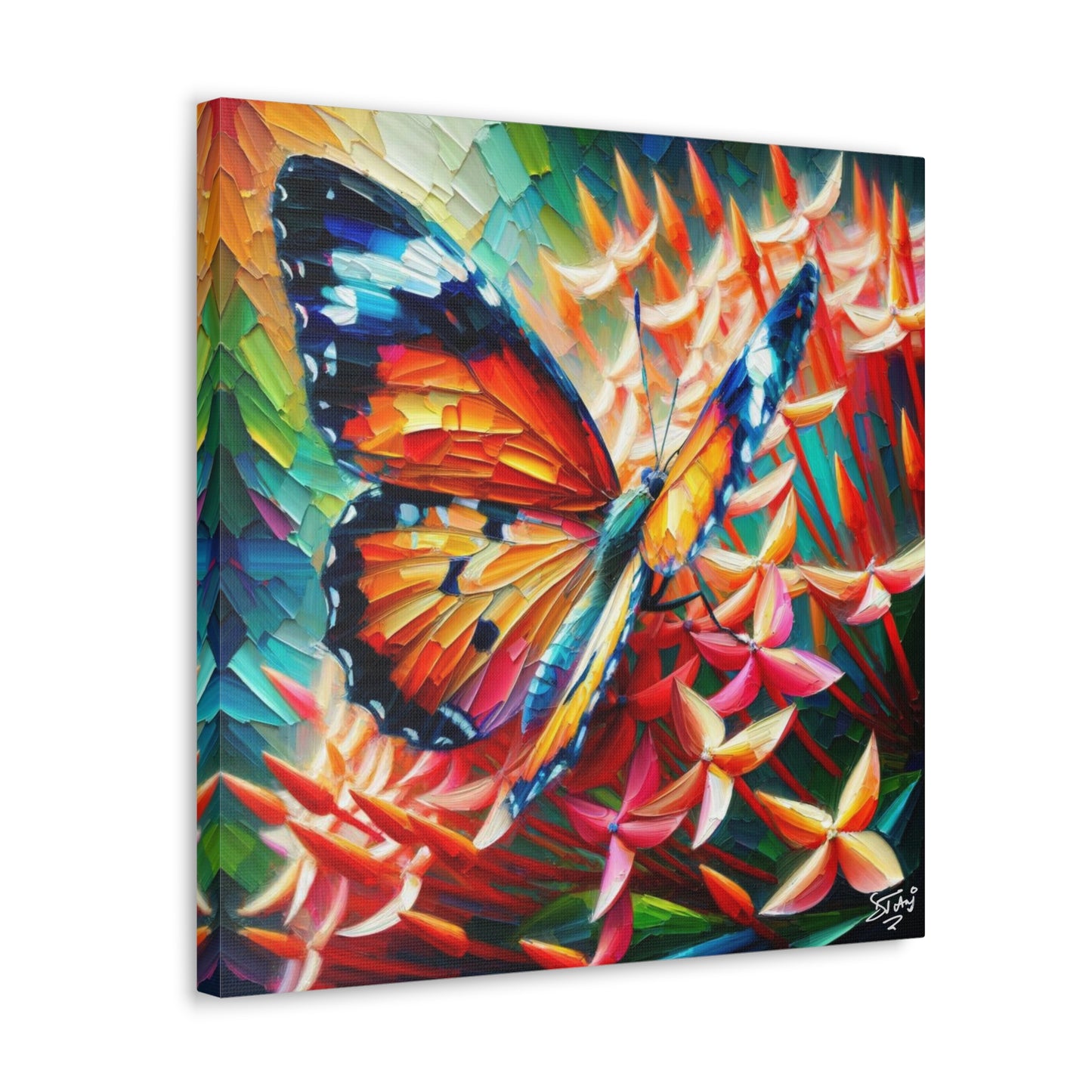 Art Print, Butterfly on Ixoras, Oil Finish, Caribbean Nature, Cultural, Heritage, Semi-Abstract, Canvas Gallery Wrap