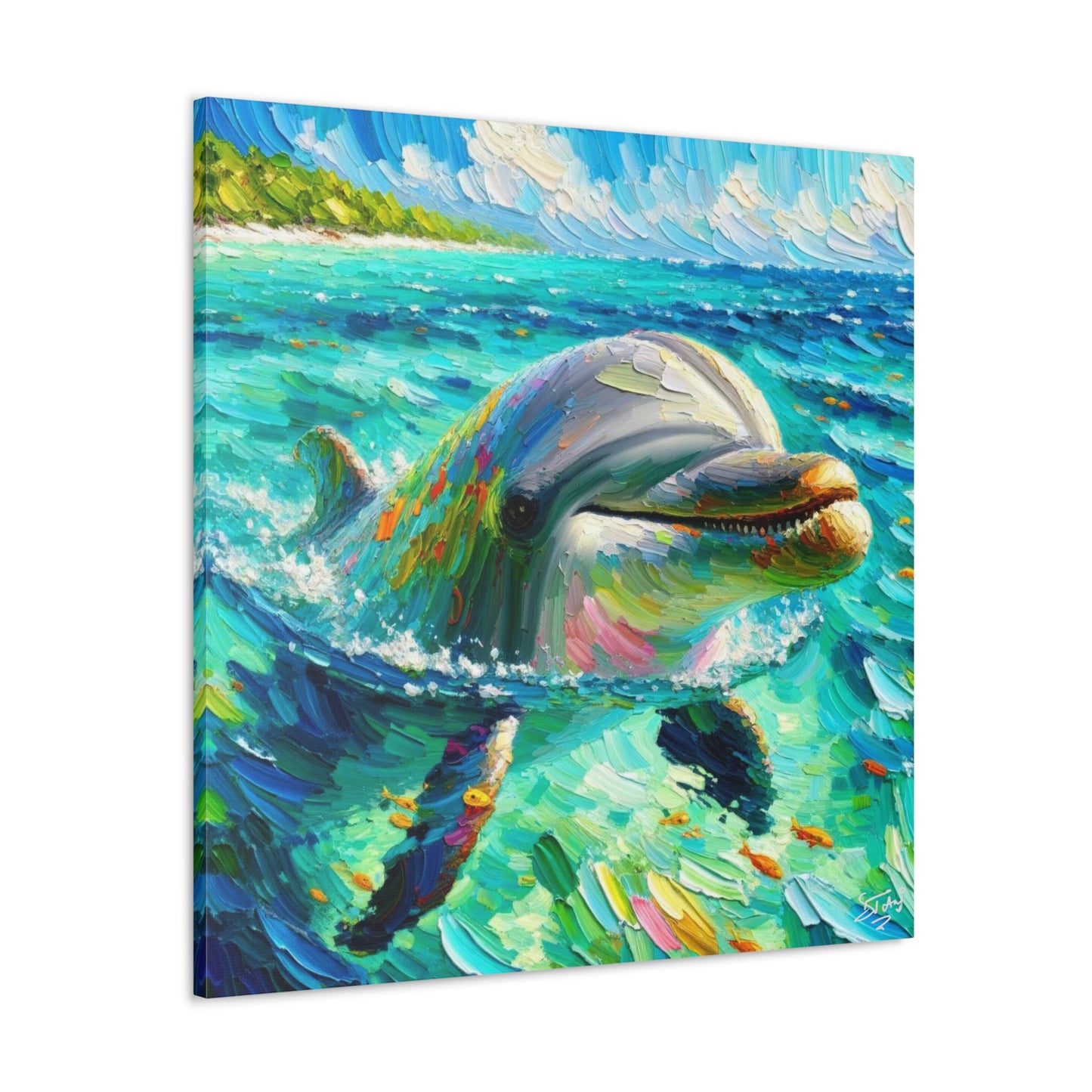 Art Print, Dolphin in Caribbean Sea, Oil Finish, Caribbean Nature, Canvas Gallery Wrap