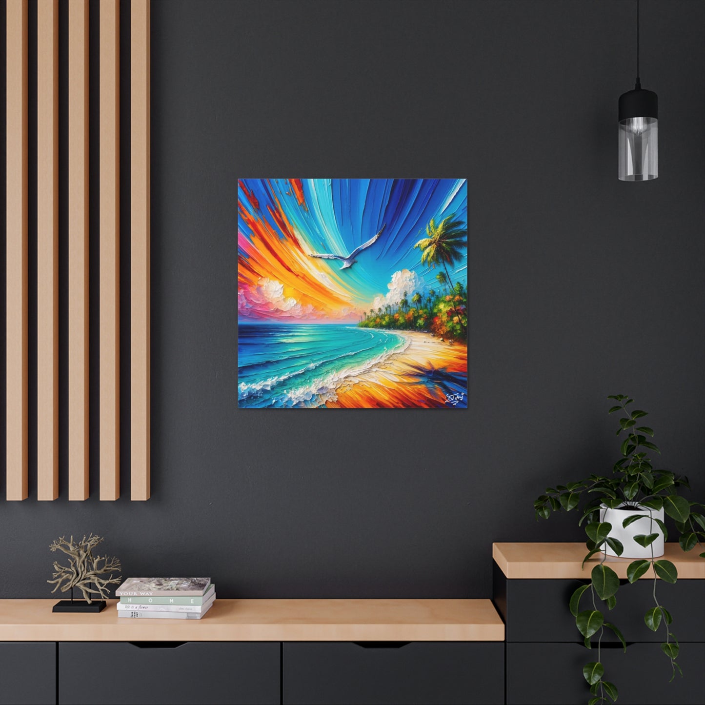 Art Print, "Bird Enjoying View," Oil Finish, Caribbean Nature, Cultural, Heritage, Semi-Abstract, Canvas Gallery Wrap