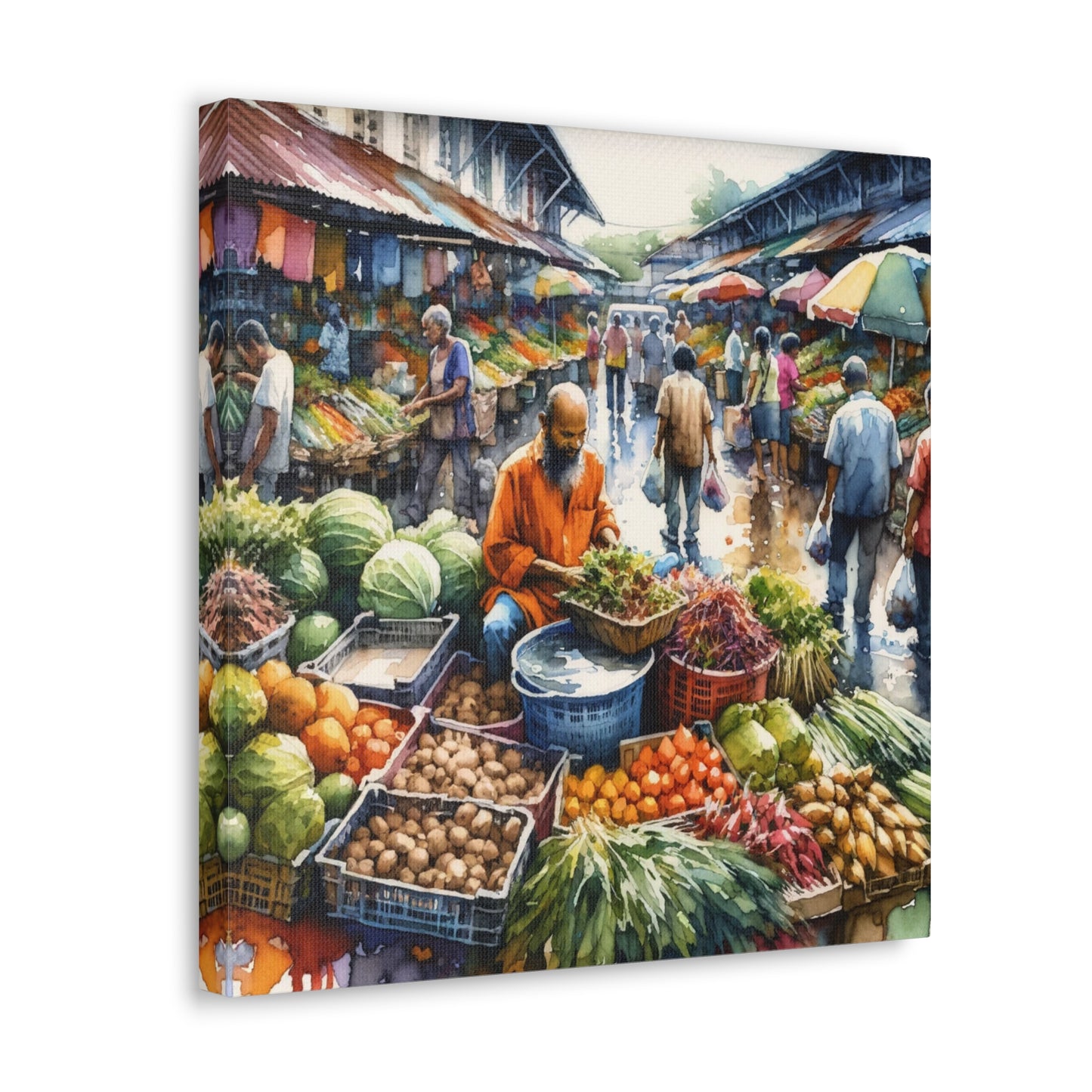 Art Print, "Selling at the Market", Market Scene in Trinidad, Caribbean, Watercolor Finish, West Indian Art, Canvas Gallery Wraps