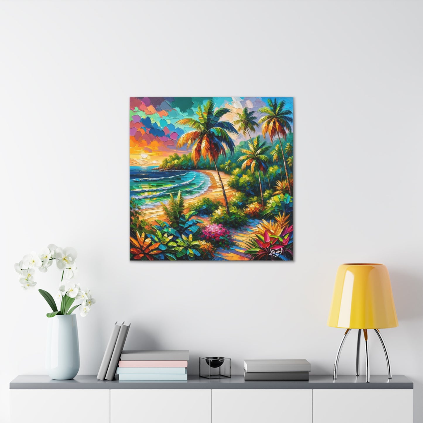 Art Print of Caribbean Beach Sunset, Semi-Abstract, Oil Painting, West Indian Art, Canvas Gallery Wraps