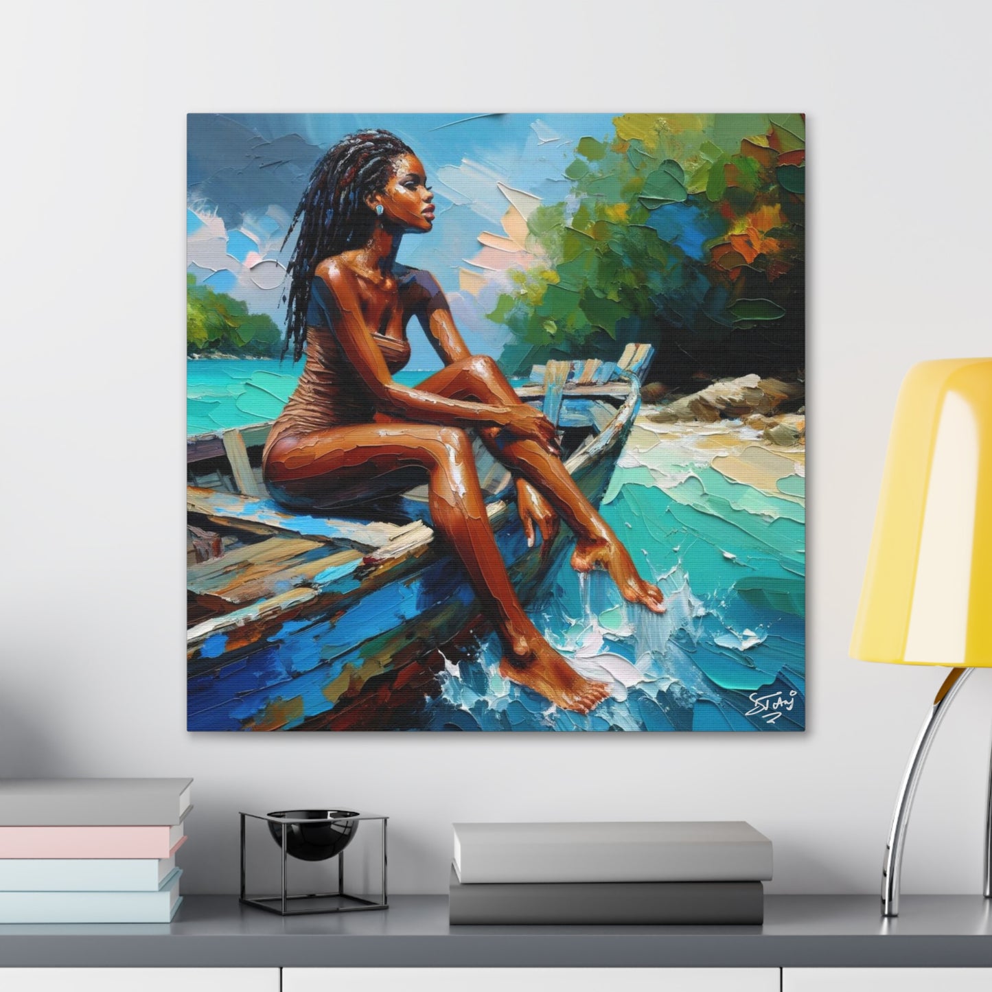 Art Print, Afro-Caribbean Woman "Chilling in the Boat (3)" Oil Finish, West Indian Ethnicity, Cultural, Heritage, Semi-Abstract, Canvas Gallery Wrap