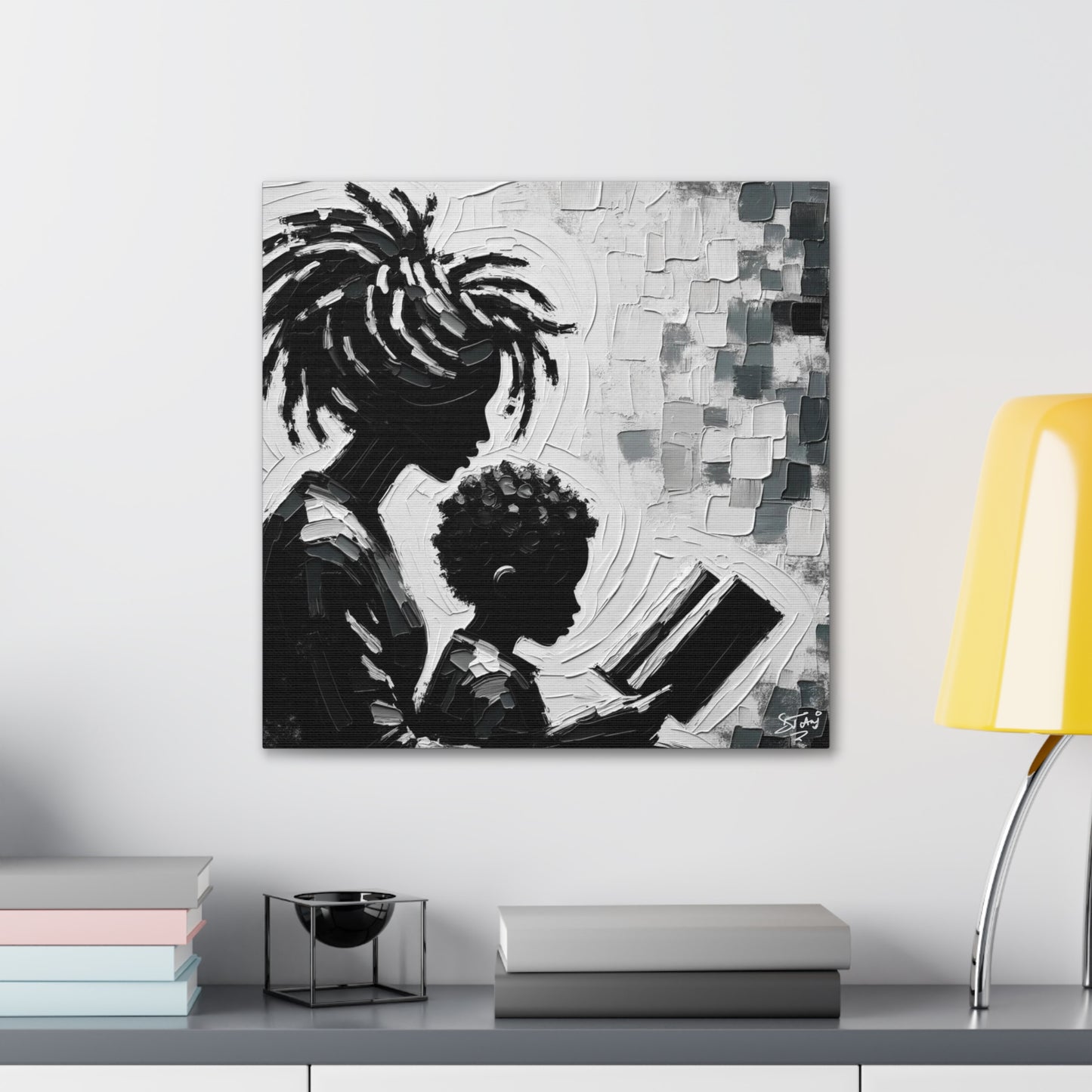 Art Print, Afro-Caribbean Mother & Son (2), Oil Finish, West Indian Ethnicity, Cultural, Heritage, Semi-Abstract, Canvas Gallery Wrap