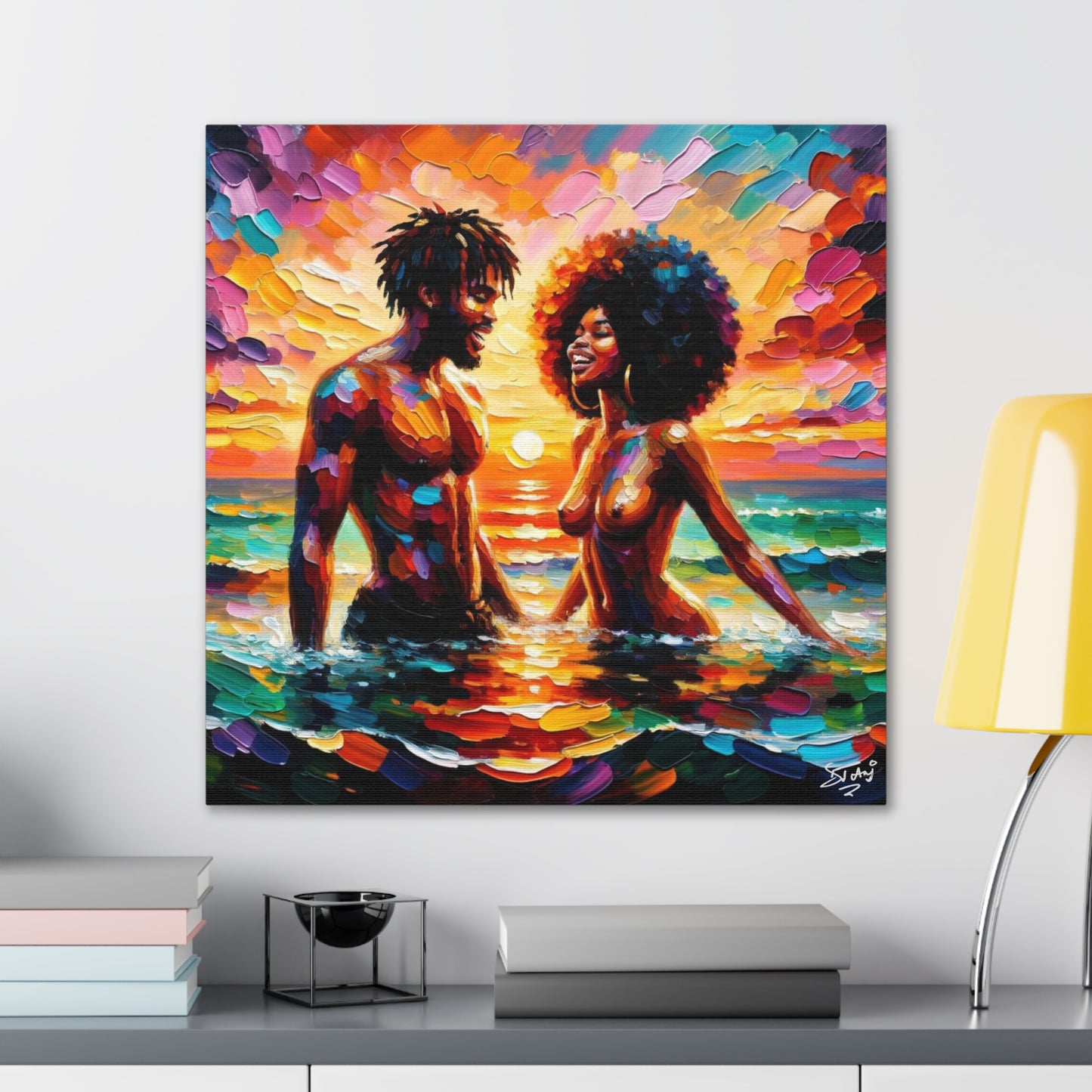 Art Print, Afro-Caribbean Couple in the Sea, Oil Finish, West Indian Ethnicity, Cultural, Heritage, Semi-Abstract, Canvas Gallery Wrap