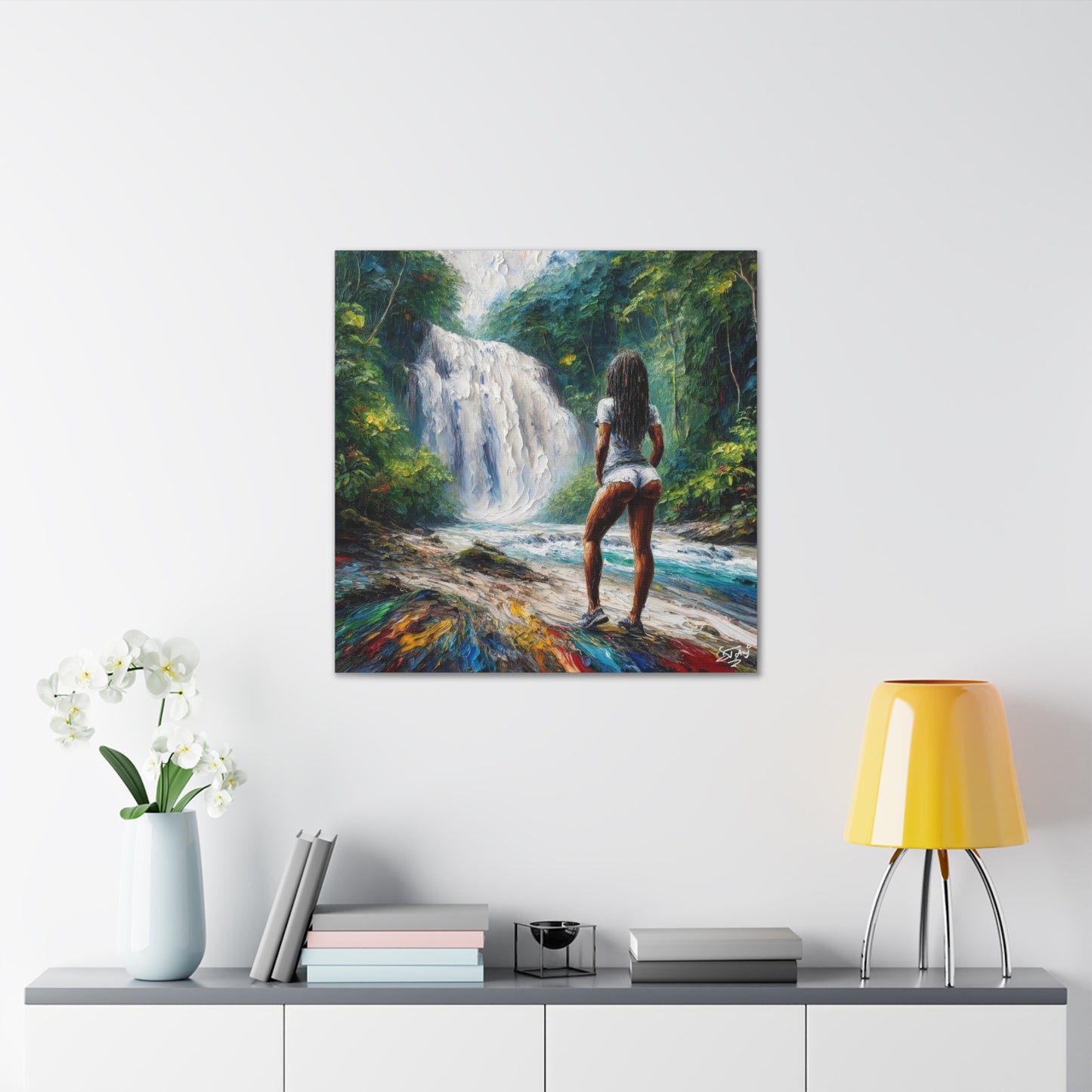 Art Print, Dougla Woman "Chilling at the Waterfall" Oil Finish, West Indian Ethnicity, Cultural, Heritage, Semi-Abstract, Canvas Gallery Wrap