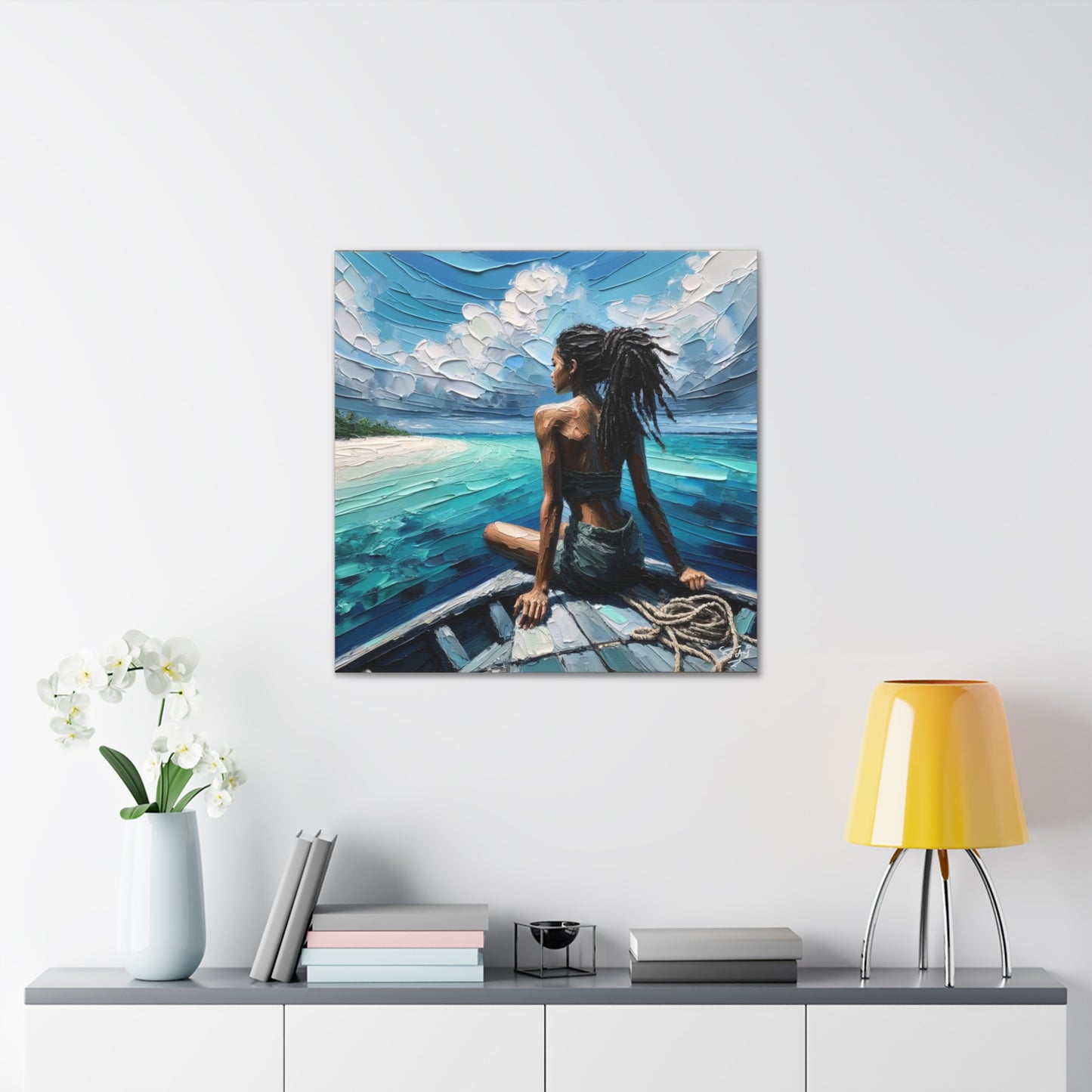 Art Print, Dougla Woman "Chilling in the Boat" Oil Finish, West Indian Ethnicity, Cultural, Heritage, Semi-Abstract, Canvas Gallery Wrap