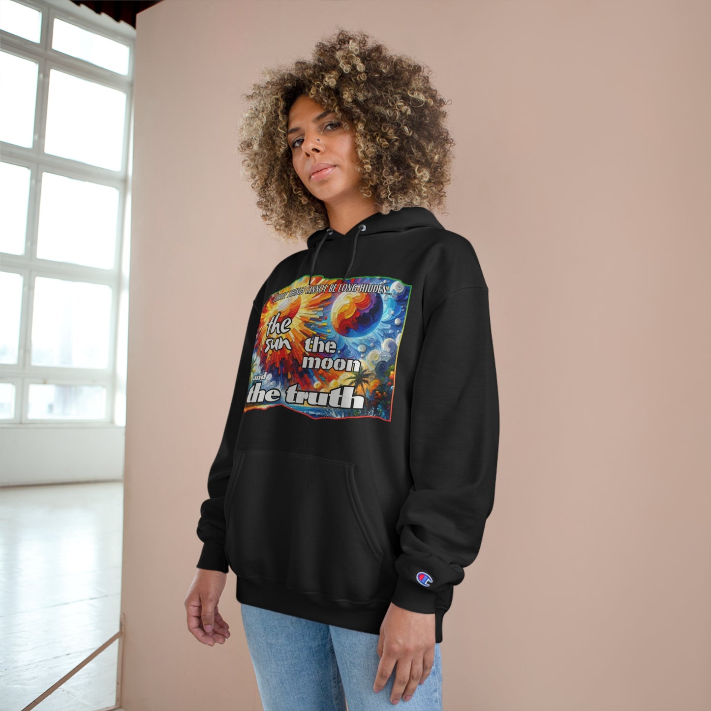 Champion Hoodie, "Three Things Cannot Be Hidden..." Inclusion, Anti-Racism, Racial Justice, One Love, Unity, Diversity, Immigrant Outsiders, Caribbean Culture, FashionWithPurpose, ConsciousClothing, Cultural Identity, Black Inspiration Empowerment