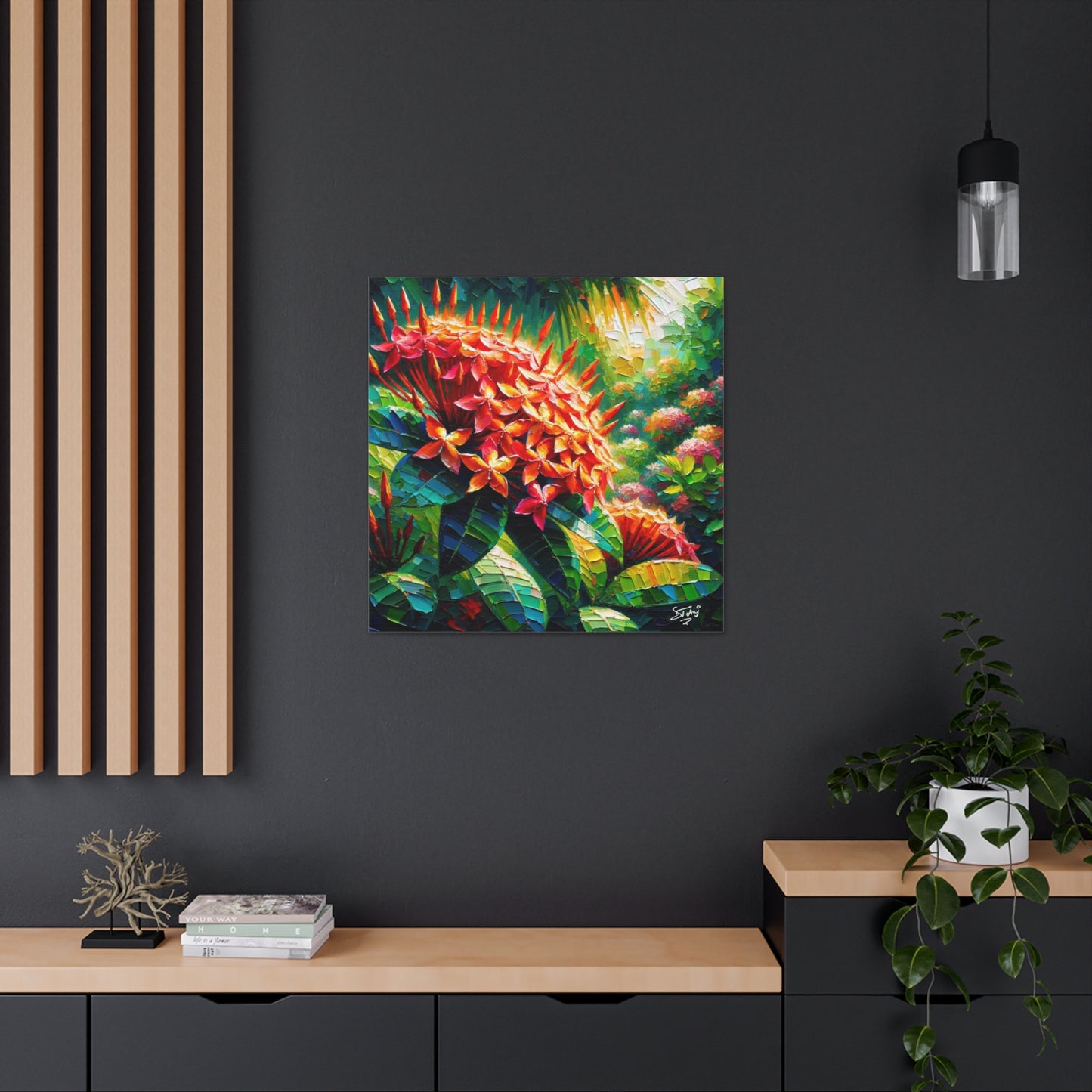 Art Print of Ixora Flowers, Oil Finish, West Indian Art, Canvas Gallery Wraps