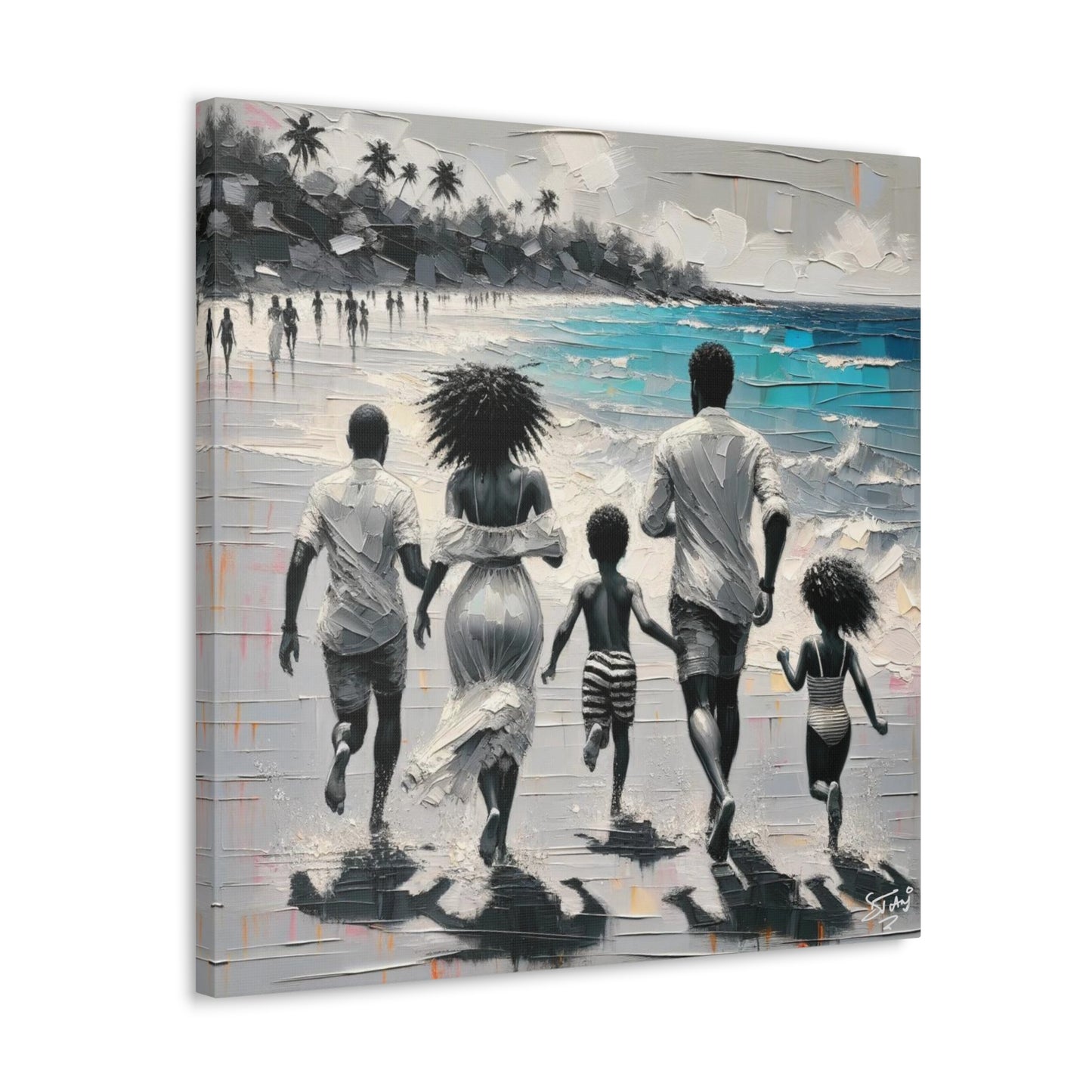 Art Print, Afro-Caribbean Family on the Beach, Oil Finish, West Indian Ethnicity, Cultural, Heritage, Semi-Abstract, Canvas Gallery Wrap