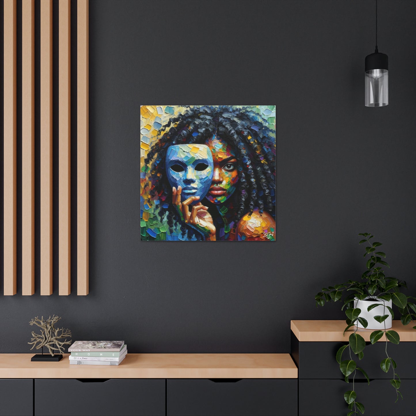 Art Print, Afro-Caribbean Woman Behind Mask, Oil Finish, West Indian Ethnicity, Cultural, Heritage, Semi-Abstract, Canvas Gallery Wrap