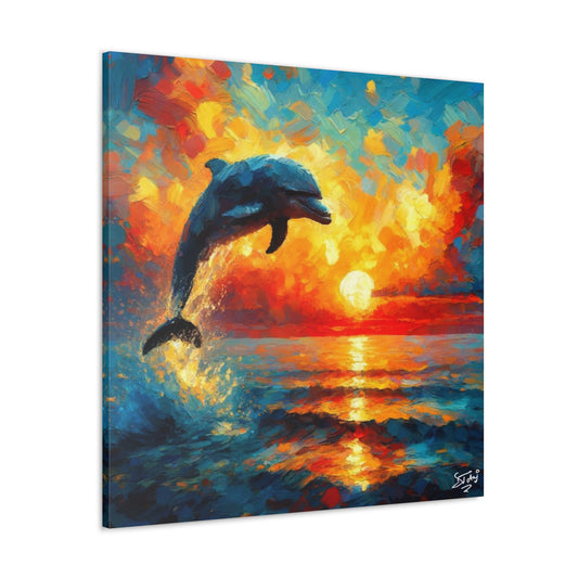 Art Print, Dolphin at Sunset, Oil Finish, Caribbean Nature, Canvas Gallery Wrap