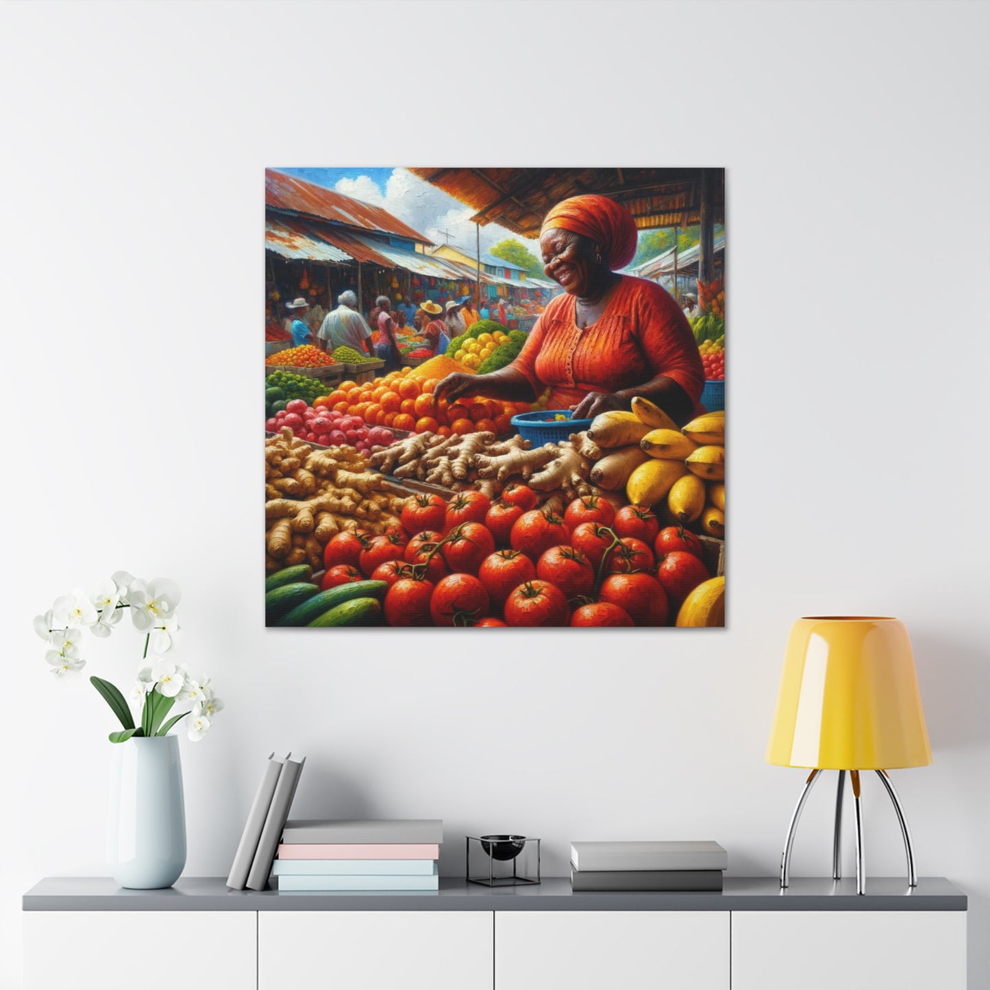 Art Print#6, "Selling at the Market", Market Scene in Trinidad, Caribbean, Oil Finish, West Indian Art, Canvas Gallery Wraps