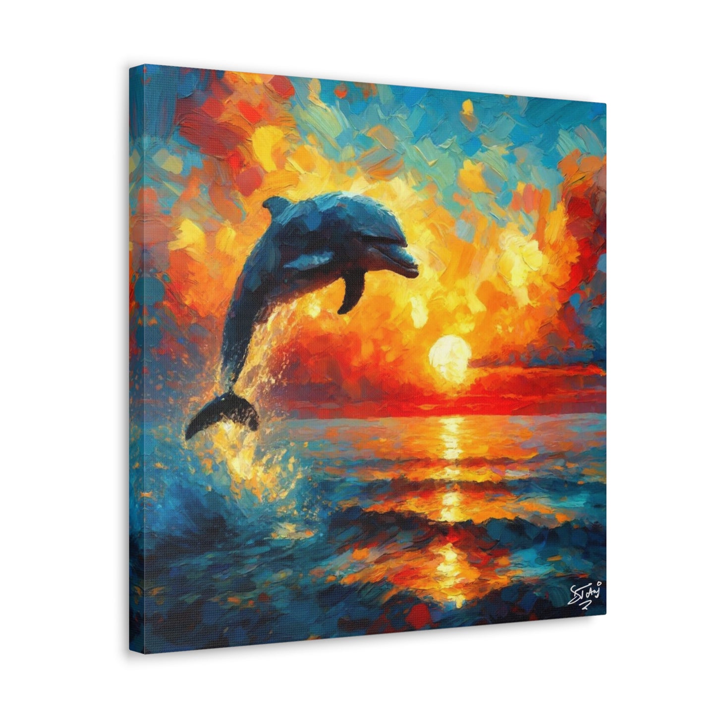 Art Print, Dolphin at Sunset, Oil Finish, Caribbean Nature, Canvas Gallery Wrap