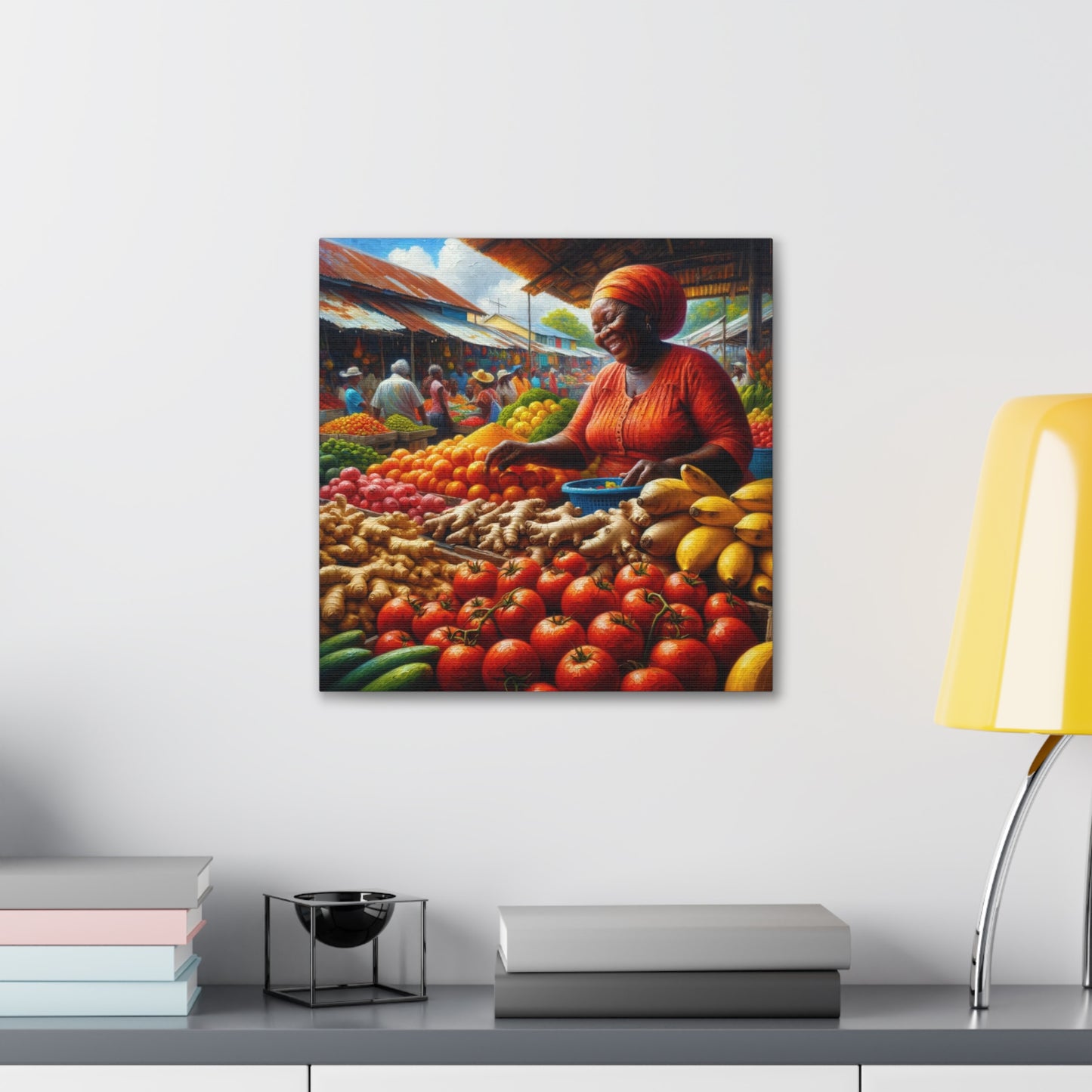 Art Print#6, "Selling at the Market", Market Scene in Trinidad, Caribbean, Oil Finish, West Indian Art, Canvas Gallery Wraps