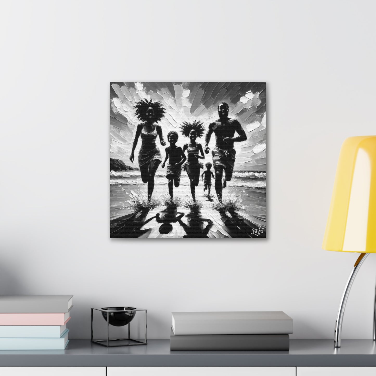 Art Print, Afro-Caribbean Family "Running on the Beach," Oil Finish, West Indian Ethnicity, Cultural, Heritage, Abstract, Canvas Gallery Wrap