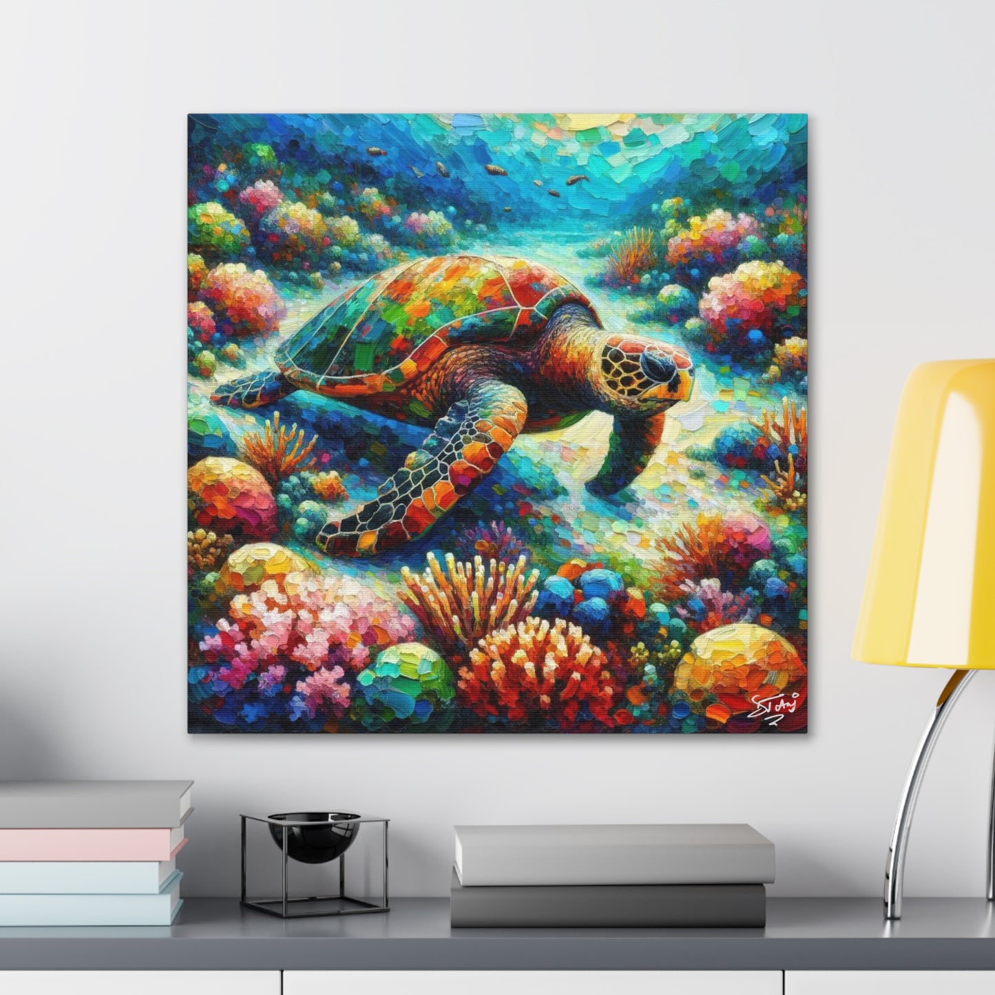 Art Print, Turtle in Reef, Oil Finish, Caribbean Nature, Cultural, Heritage, Semi-Abstract, Canvas Gallery Wrap