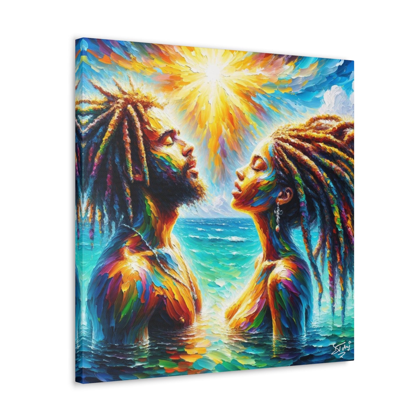 Art Print, Afro-Caribbean Couple in the Ocean, Oil Finish, West Indian Ethnicity, Cultural, Heritage, Semi-Abstract, Canvas Gallery Wrap