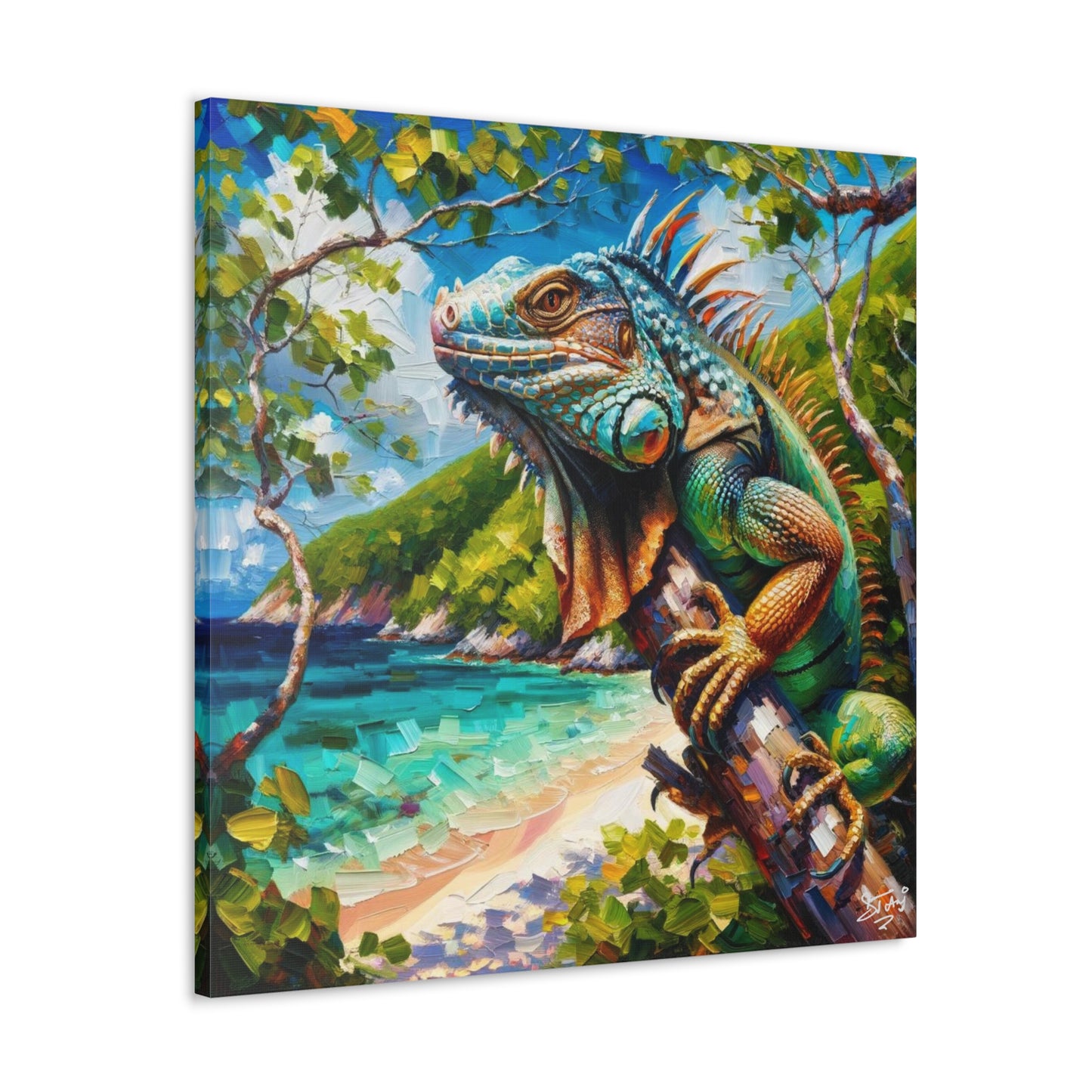 Art Print, Iguana, Caribbean Wildlife, Oil Finish, Caribbean Nature, Cultural, Heritage, Canvas Gallery Wrap