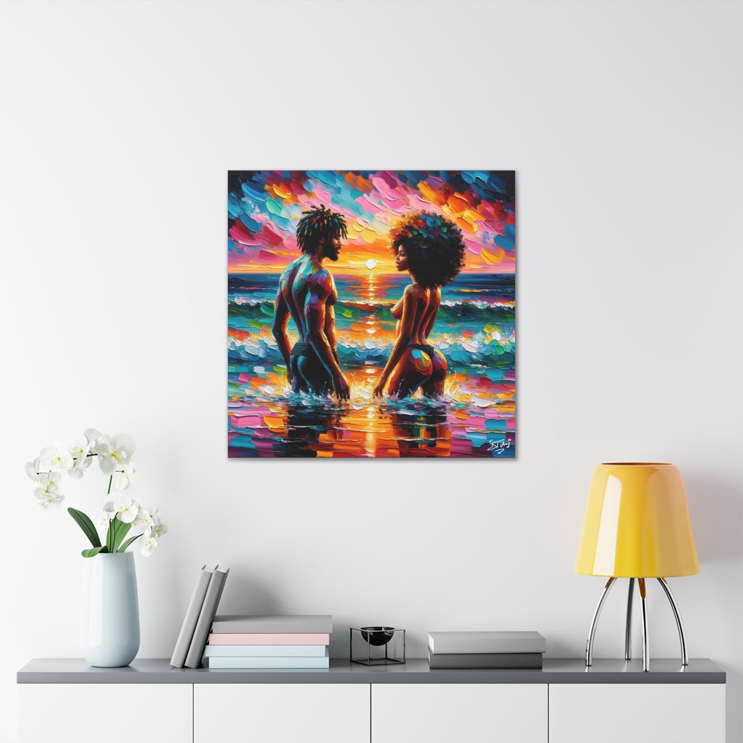 Art Print, Afro-Caribbean Couple in the Ocean, Oil Finish, West Indian Ethnicity, Cultural, Heritage, Semi-Abstract, Canvas Gallery Wrap