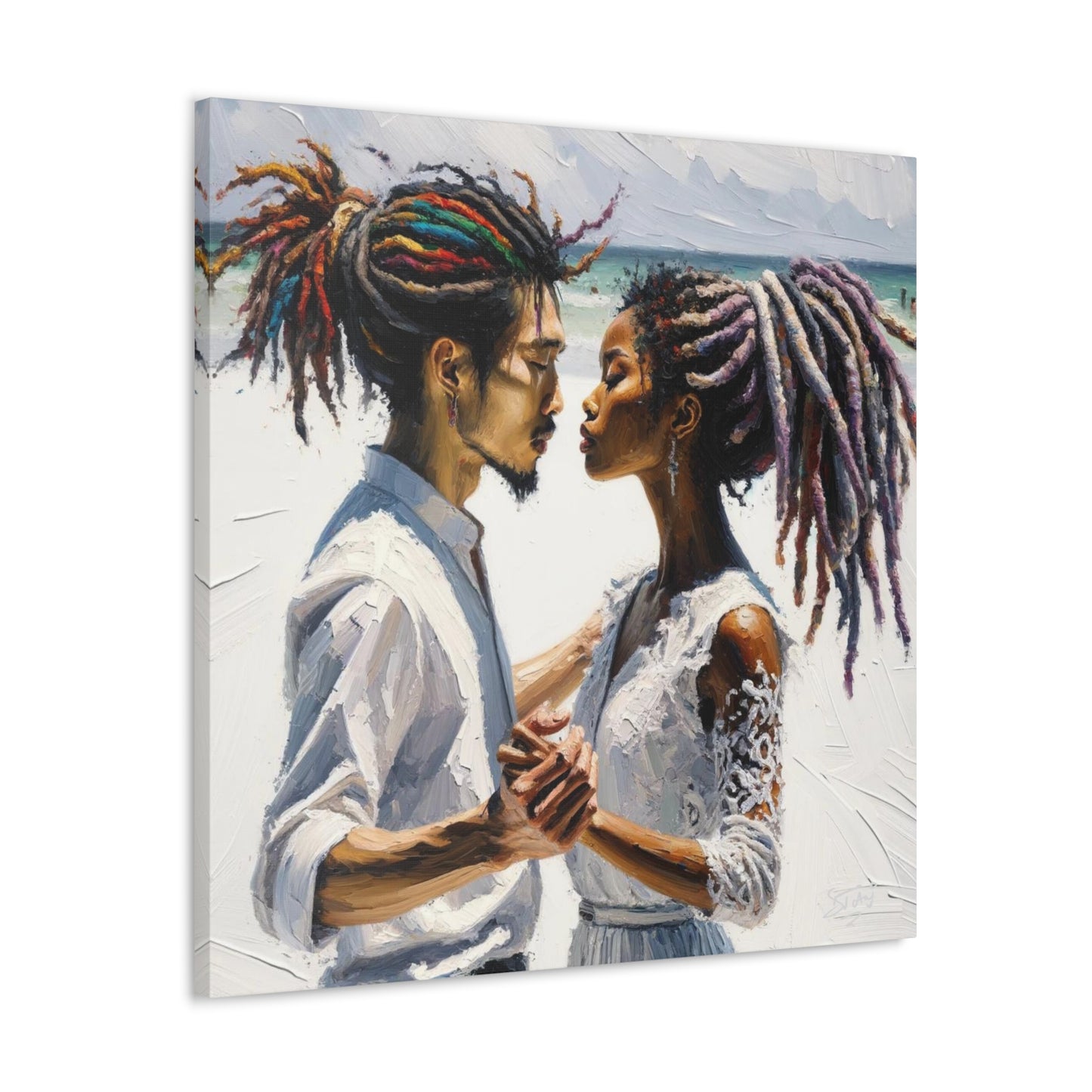 Art Print, Caribbean Couple, "Beach Wedding" Semi-Abstract Oil Finish, West Indian Ethnicity, Cultural, Heritage, Canvas Gallery Wrap