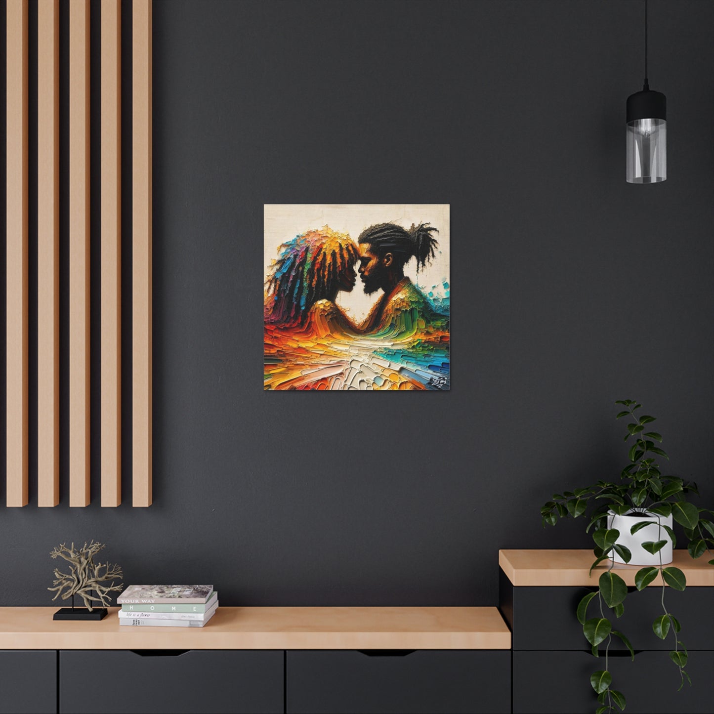 Art Print, Afro-Caribbean Couple in Love (2), Oil Finish, West Indian Ethnicity, Cultural, Heritage, Semi-Abstract, Canvas Gallery Wrap