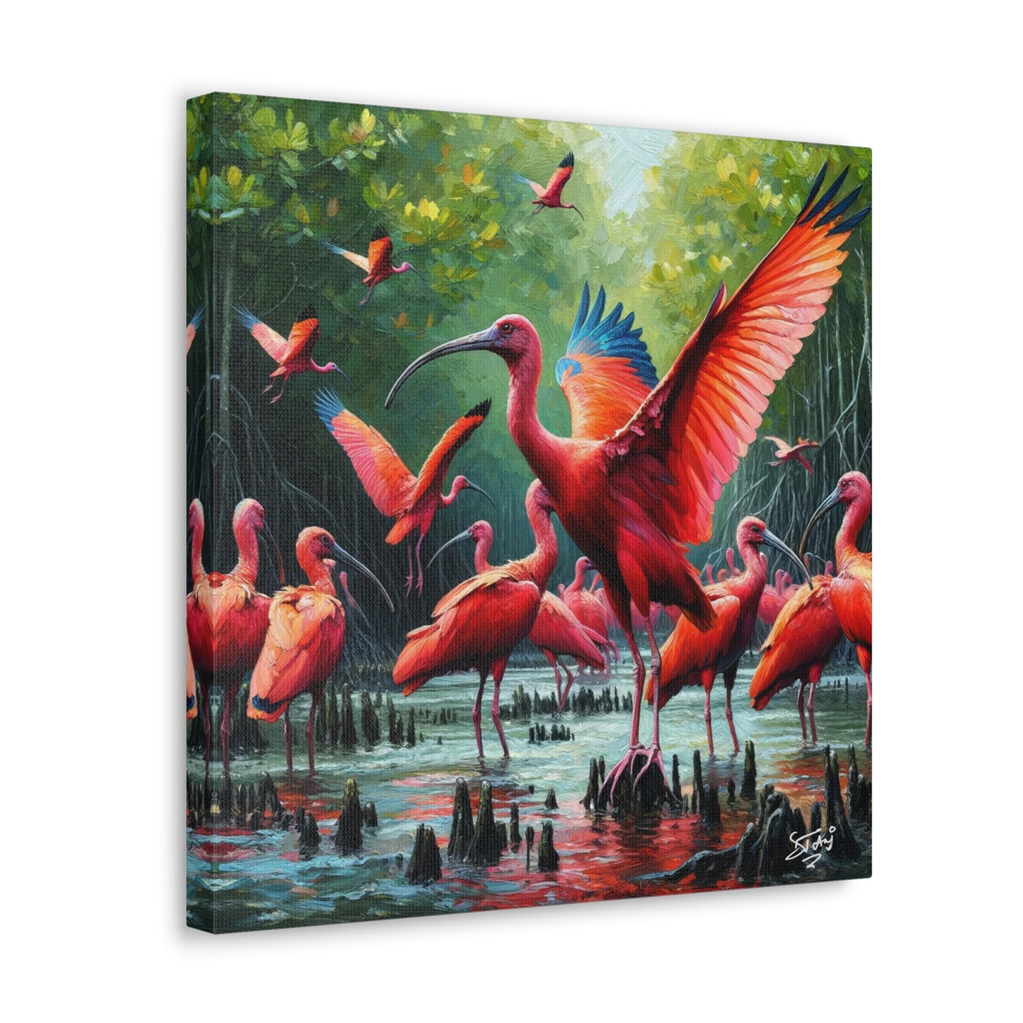 Art Print#2, Scarlet Ibises in Their Natural Mangrove Habitat in Trinidad and Tobago, Caribbean, West Indian Art, Canvas Gallery Wraps