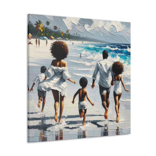 Art Print, Afro-Caribbean Family on the Beach, Oil Finish, West Indian Ethnicity, Cultural, Heritage, Semi-Abstract, Canvas Gallery Wrap