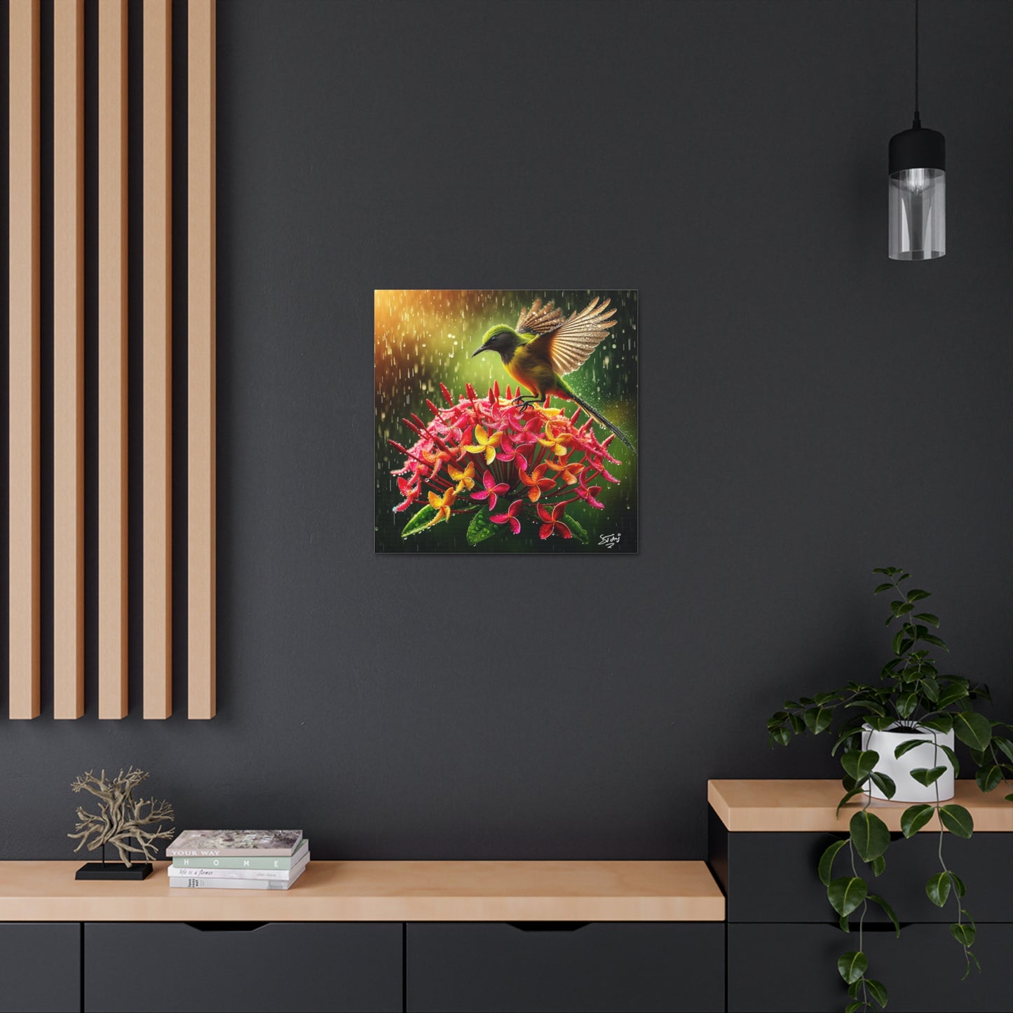 Print#2 of Tropical Bird in the Rain Perched on Ixora Flower, Oil Paint Finish, Caribbean, Tropical, Canvas Gallery Wraps