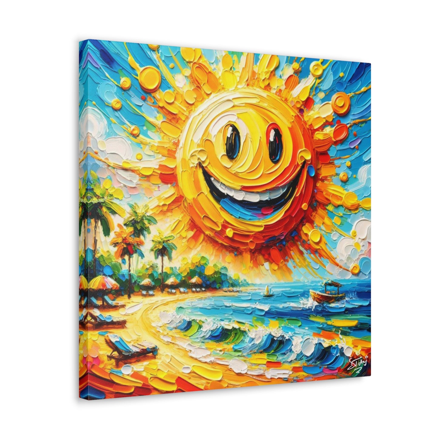 Art Print of Caribbean "Sunny Day" Beach Scene, Oil Painting, West Indian Art, Canvas Gallery Wraps