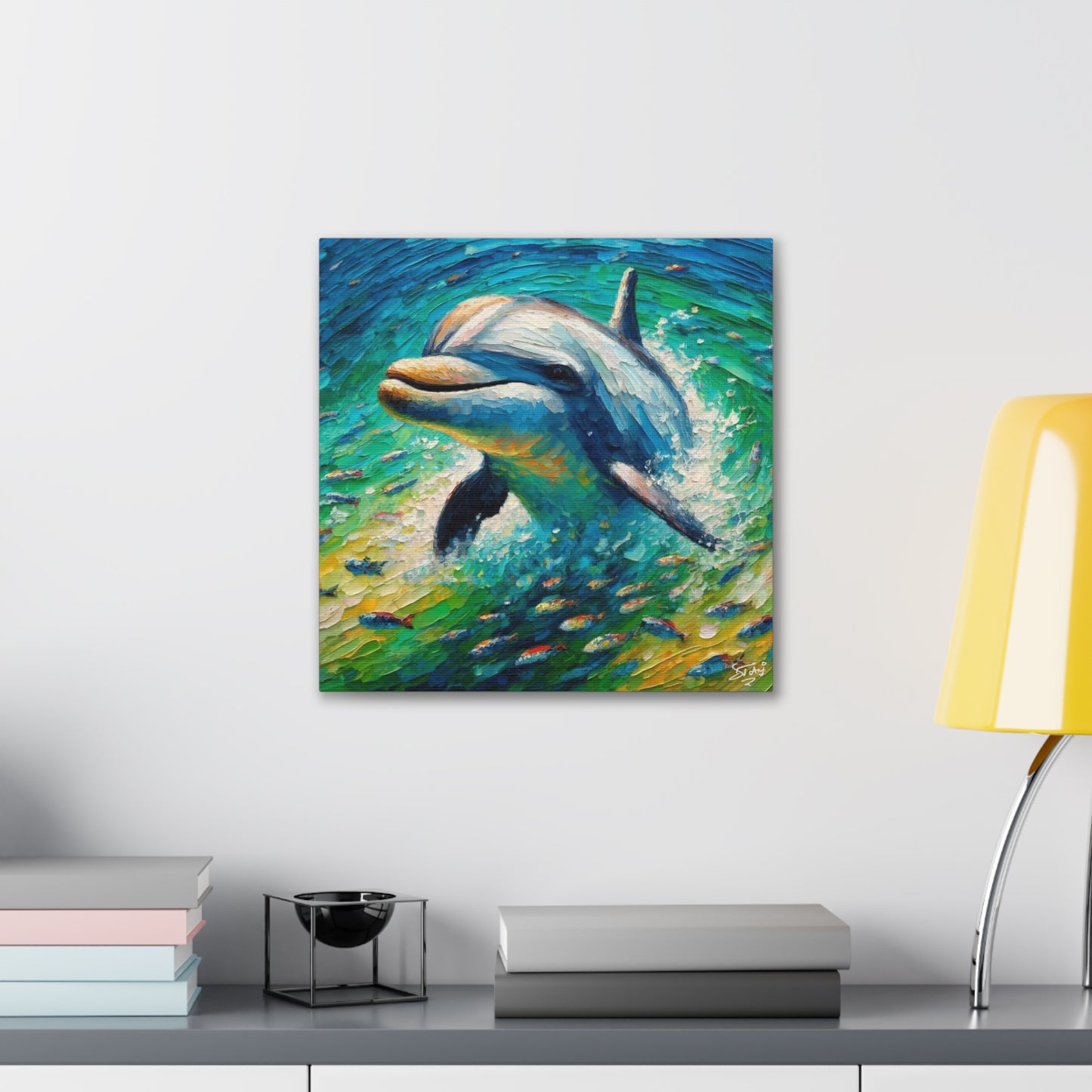 Art Print, Dolphin in the Caribbean Sea, Oil Finish, Caribbean Nature, Canvas Gallery Wrap