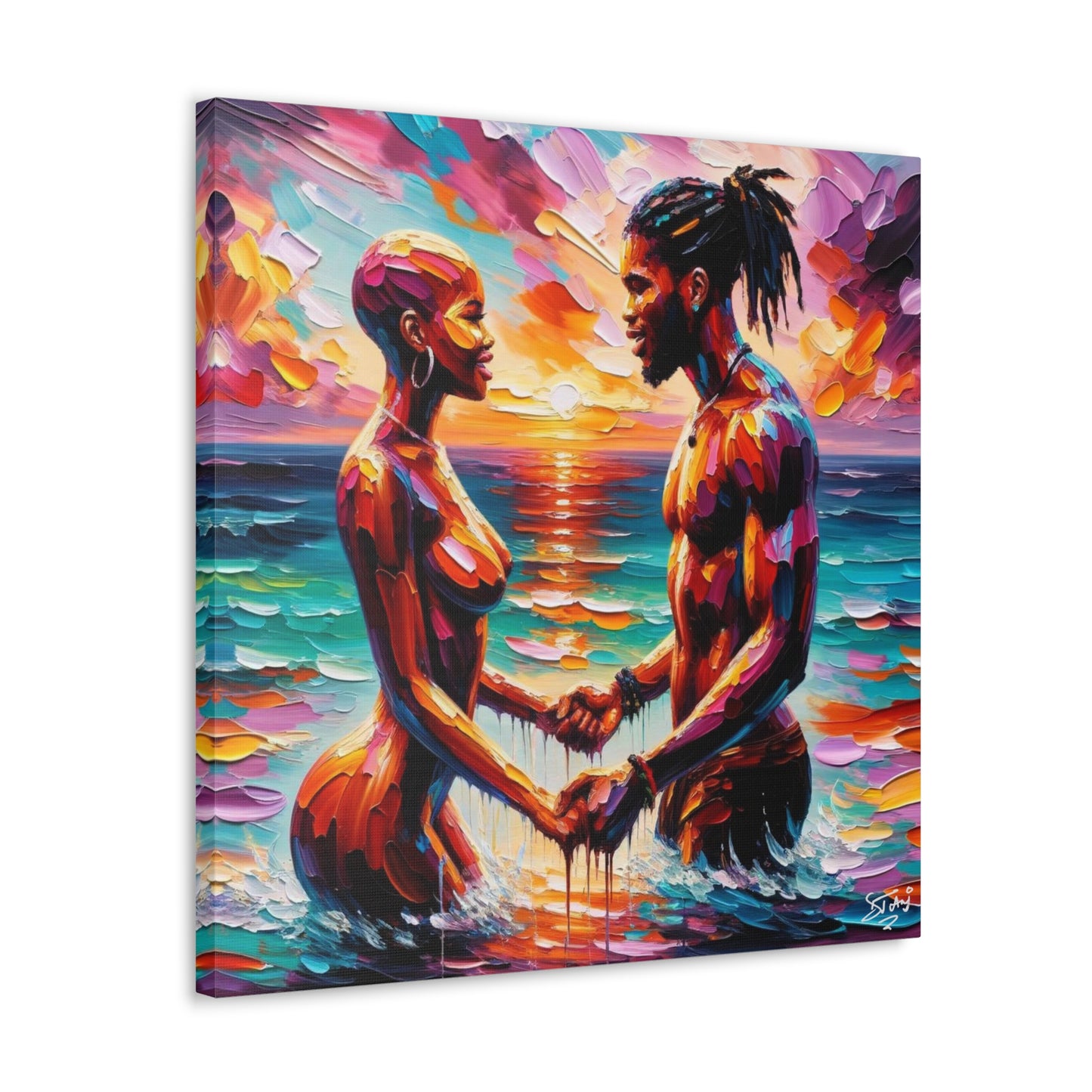 Art Print, Afro-Caribbean Couple "Skinny Dipping," Oil Finish, West Indian Ethnicity, Cultural, Heritage, Semi-Abstract, Canvas Gallery Wrap