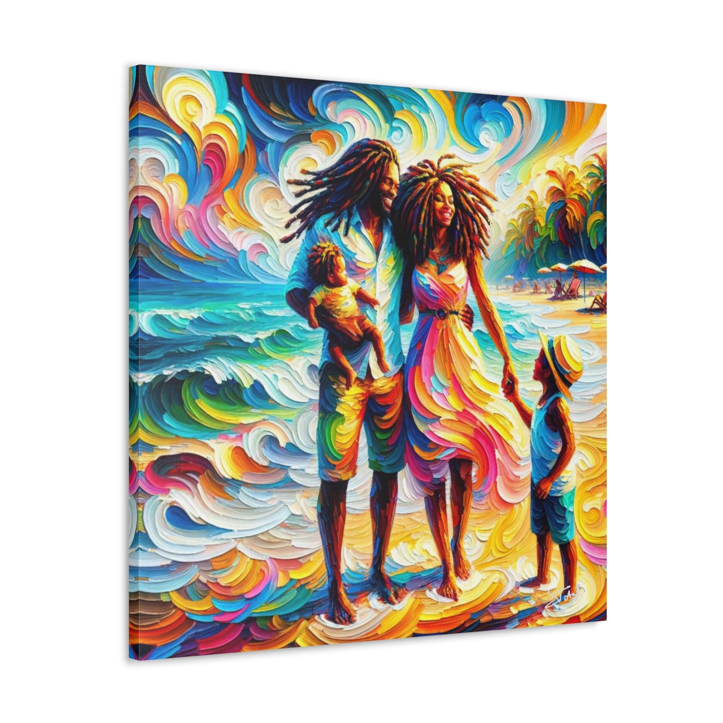 Art Print, Afro-Caribbean Family "Walking on the Beach," Oil Finish, West Indian Ethnicity, Cultural, Heritage, Semi-Abstract, Canvas Gallery Wrap