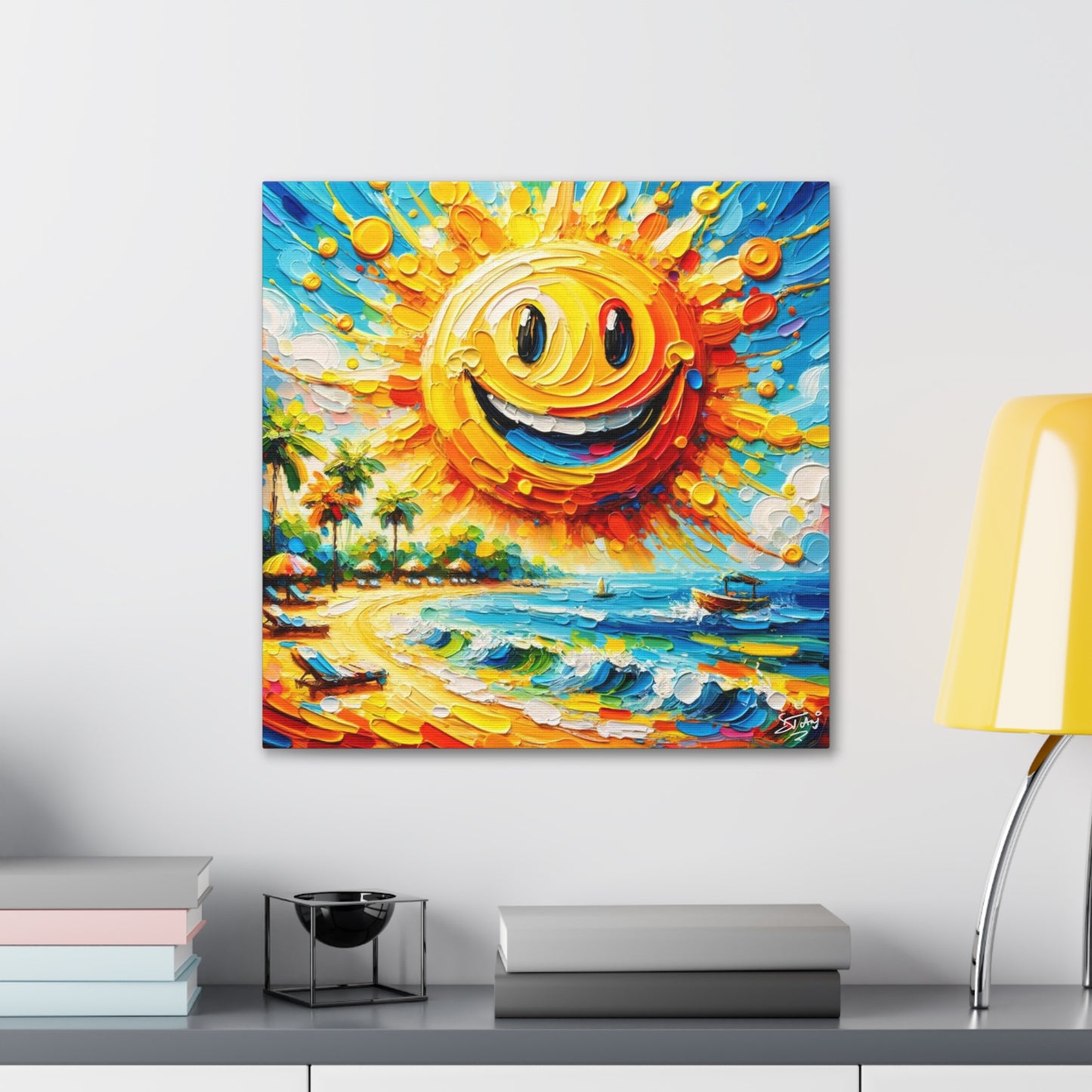 Art Print of Caribbean "Sunny Day" Beach Scene, Oil Painting, West Indian Art, Canvas Gallery Wraps