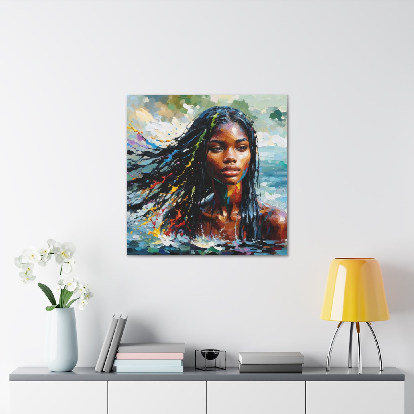 Art Print#4 of Trini Woman - Chilling in the Caribbean Sea, Oil Finish, West Indian Ethnicity, Cultural, Heritage Art, Canvas Gallery Wraps