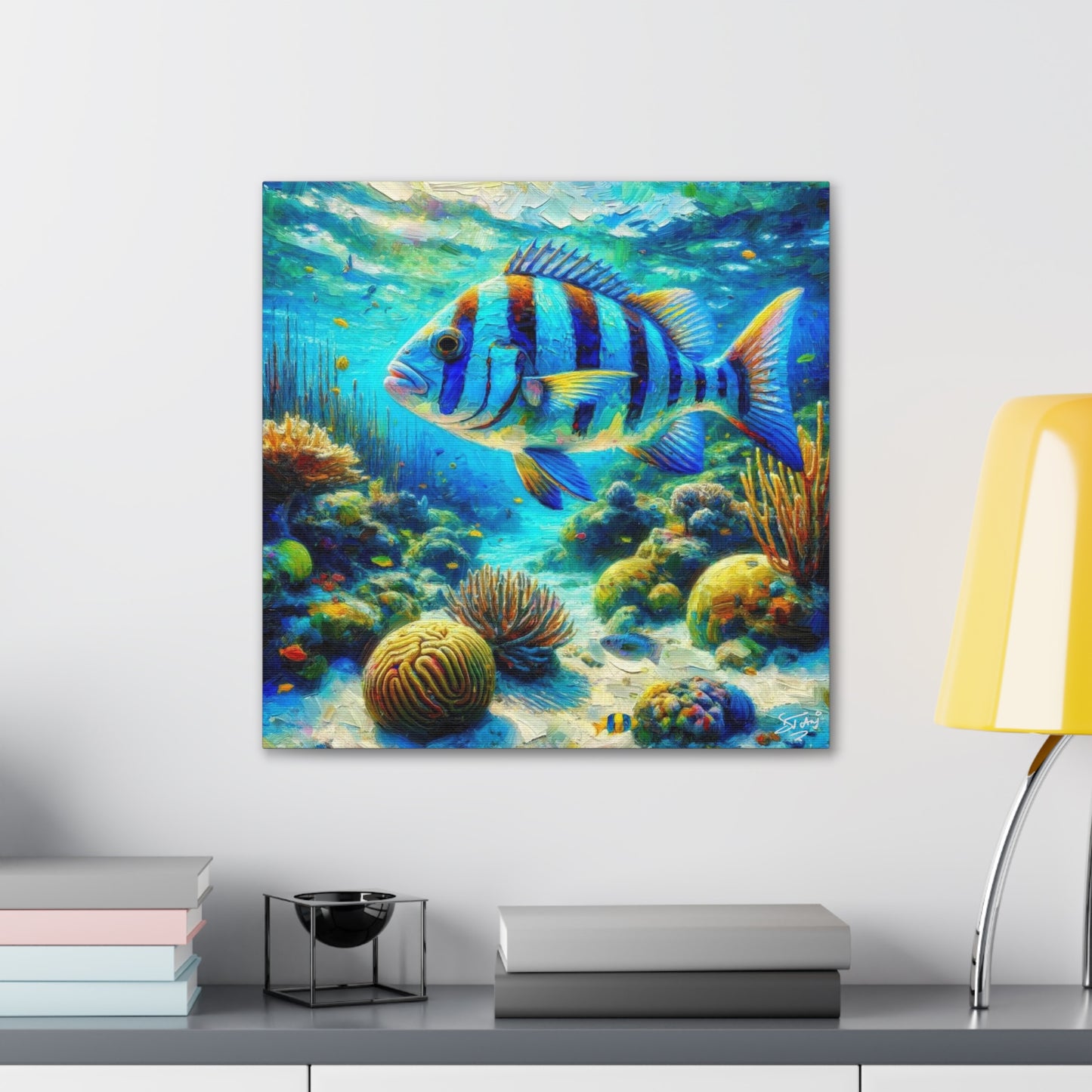 Art Print, Blue-Striped Grunt Fish in Coral Reef, Oil Finish, Caribbean Nature, Semi-Abstract, Canvas Gallery Wrap