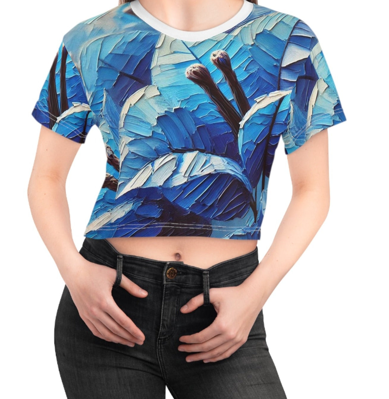 Women's Silky Soft Crop Tee (AOP) Blue Floral Print