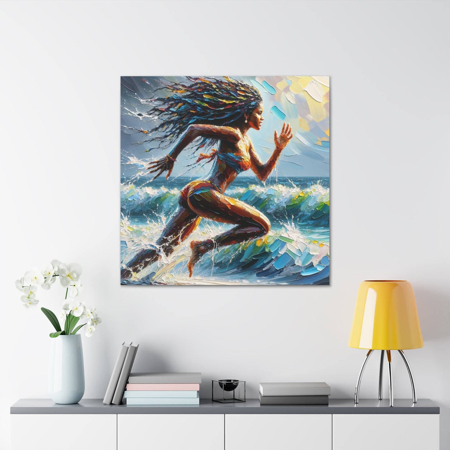 Art Print#3, East Indian Woman from Trinidad running into the Atlantic Ocean, Caribbean, Oil Finish, West Indian Art, Canvas Gallery Wraps