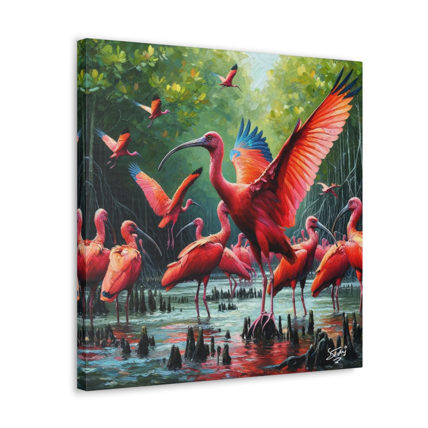 Art Print#2, Scarlet Ibises in Their Natural Mangrove Habitat in Trinidad and Tobago, Caribbean, West Indian Art, Canvas Gallery Wraps