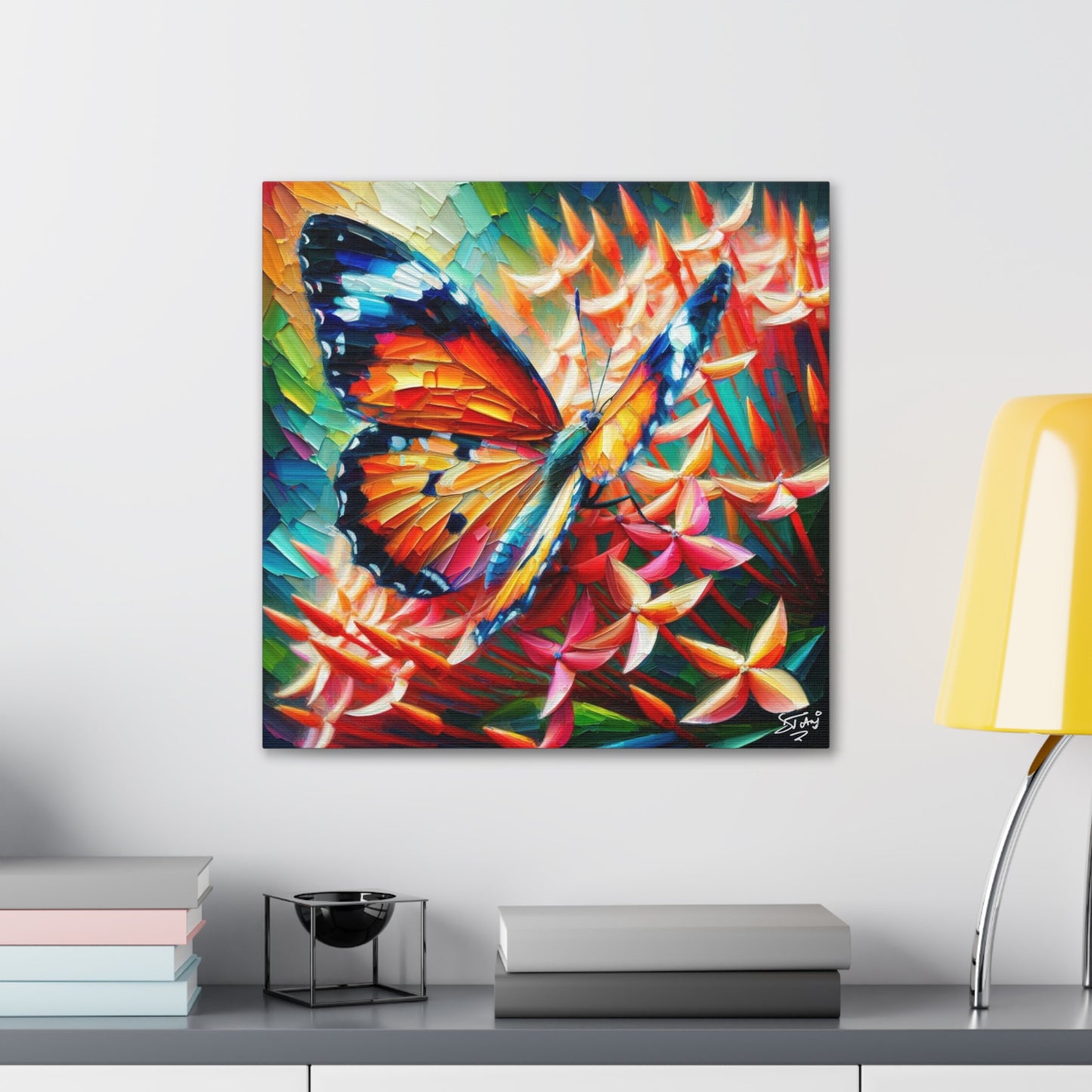 Art Print, Butterfly on Ixoras, Oil Finish, Caribbean Nature, Cultural, Heritage, Semi-Abstract, Canvas Gallery Wrap