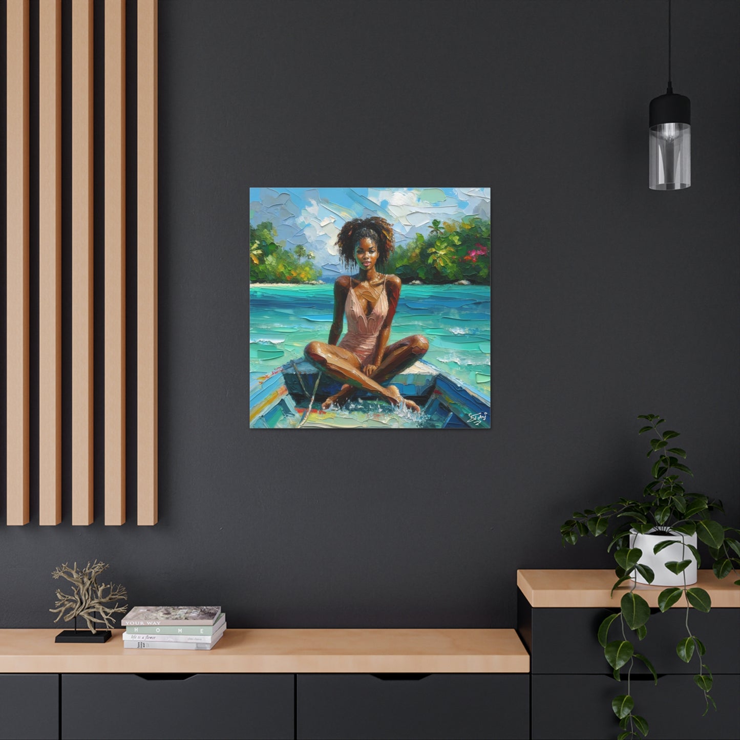 Art Print, Caribbean Woman "Chilling in the Boat" Oil Finish, West Indian Ethnicity, Cultural, Heritage, Semi-Abstract, Canvas Gallery Wrap