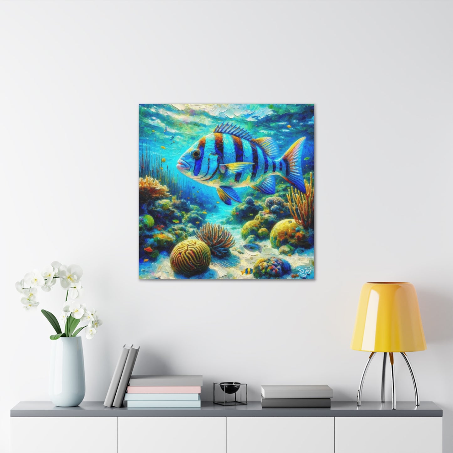 Art Print, Blue-Striped Grunt Fish in Coral Reef, Oil Finish, Caribbean Nature, Semi-Abstract, Canvas Gallery Wrap