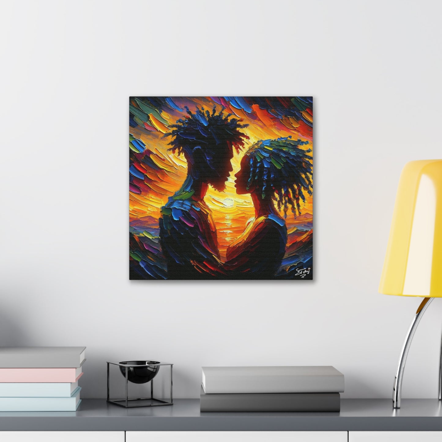 Art Print, Afro-Caribbean Couple in Love, Oil Finish, West Indian Ethnicity, Cultural, Heritage, Semi-Abstract, Canvas Gallery Wrap