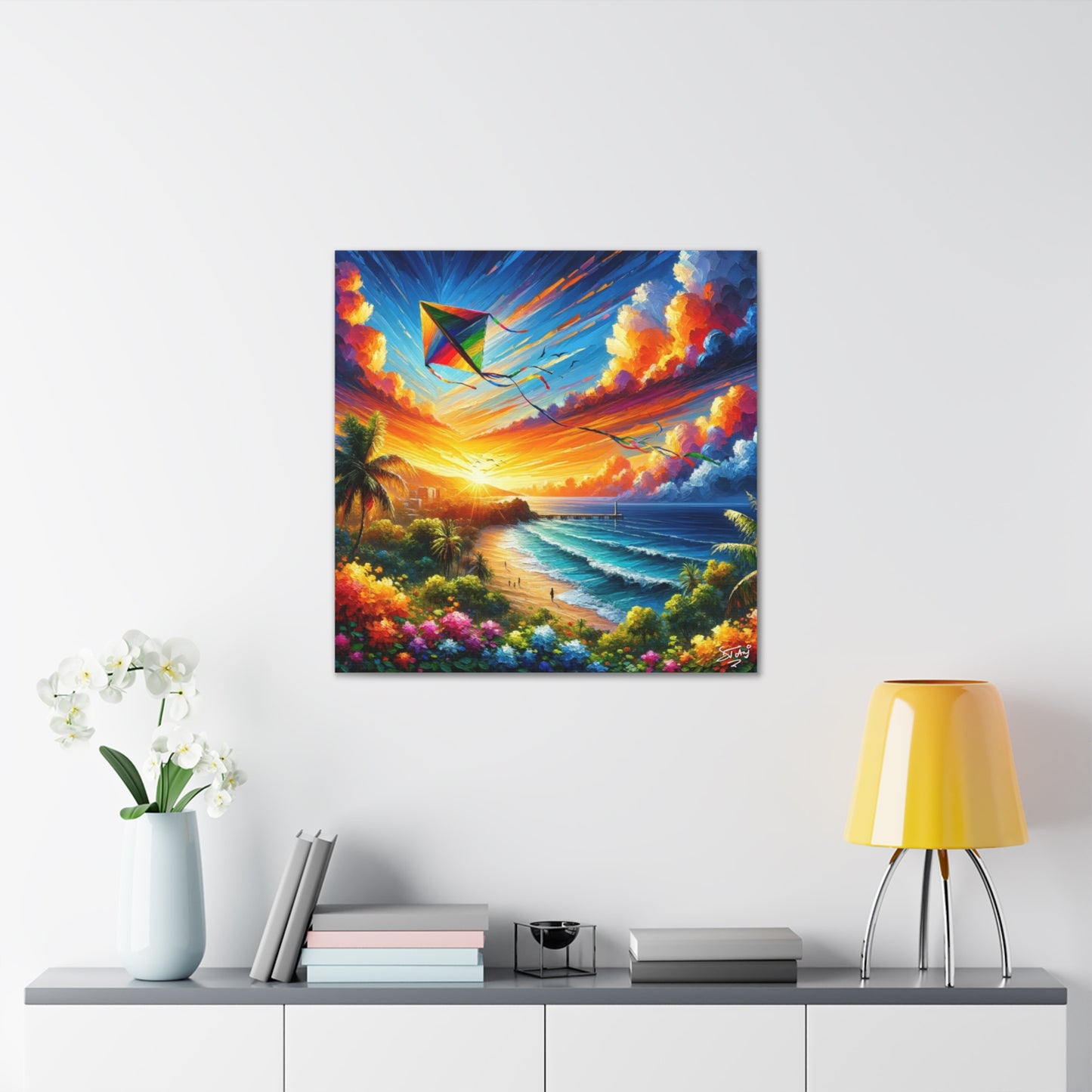 Art Print of Caribbean Sunset "Flying Kite," West Indian Art, Canvas Gallery Wraps