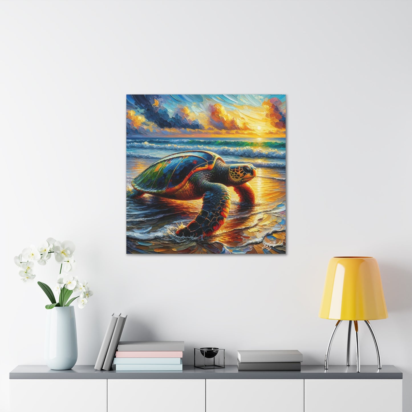 Art Print, Turtle at Sunset, Caribbean Wildlife, Oil Finish, Caribbean Nature, Culture, Heritage, Canvas Gallery Wrap