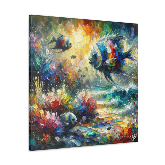 Art Print, Fishes in Coral Reef (2), Oil Finish, Caribbean Nature, Semi-Abstract, Canvas Gallery Wrap